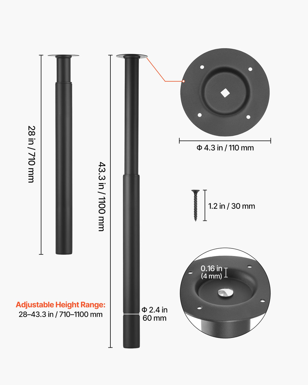 Reguliuojamos stalo kojos VEVOR HXZTYG28-43.3, 710-1100 mm