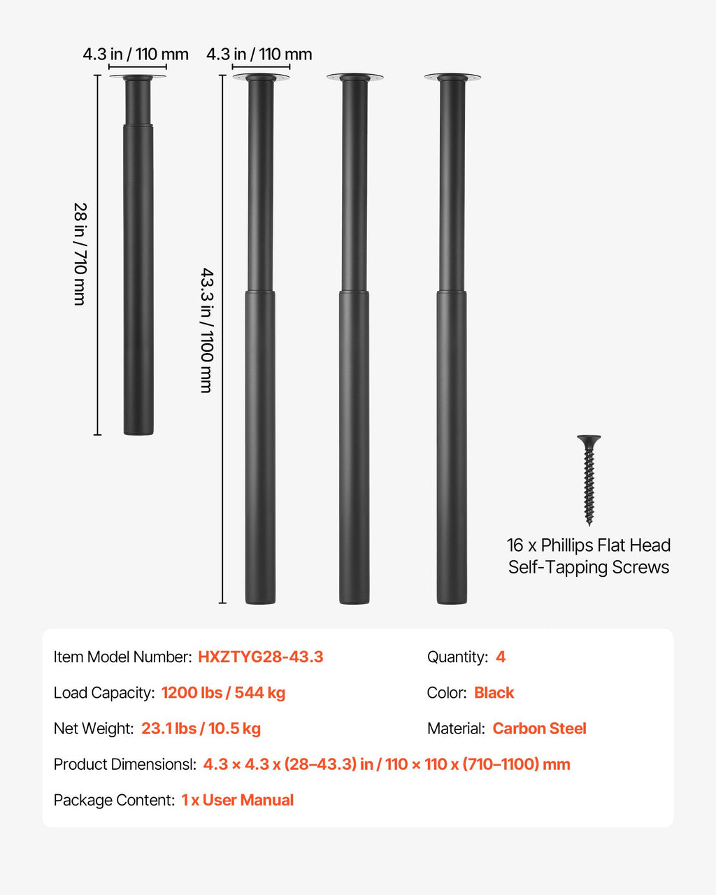 Reguliuojamos stalo kojos VEVOR HXZTYG28-43.3, 710-1100 mm