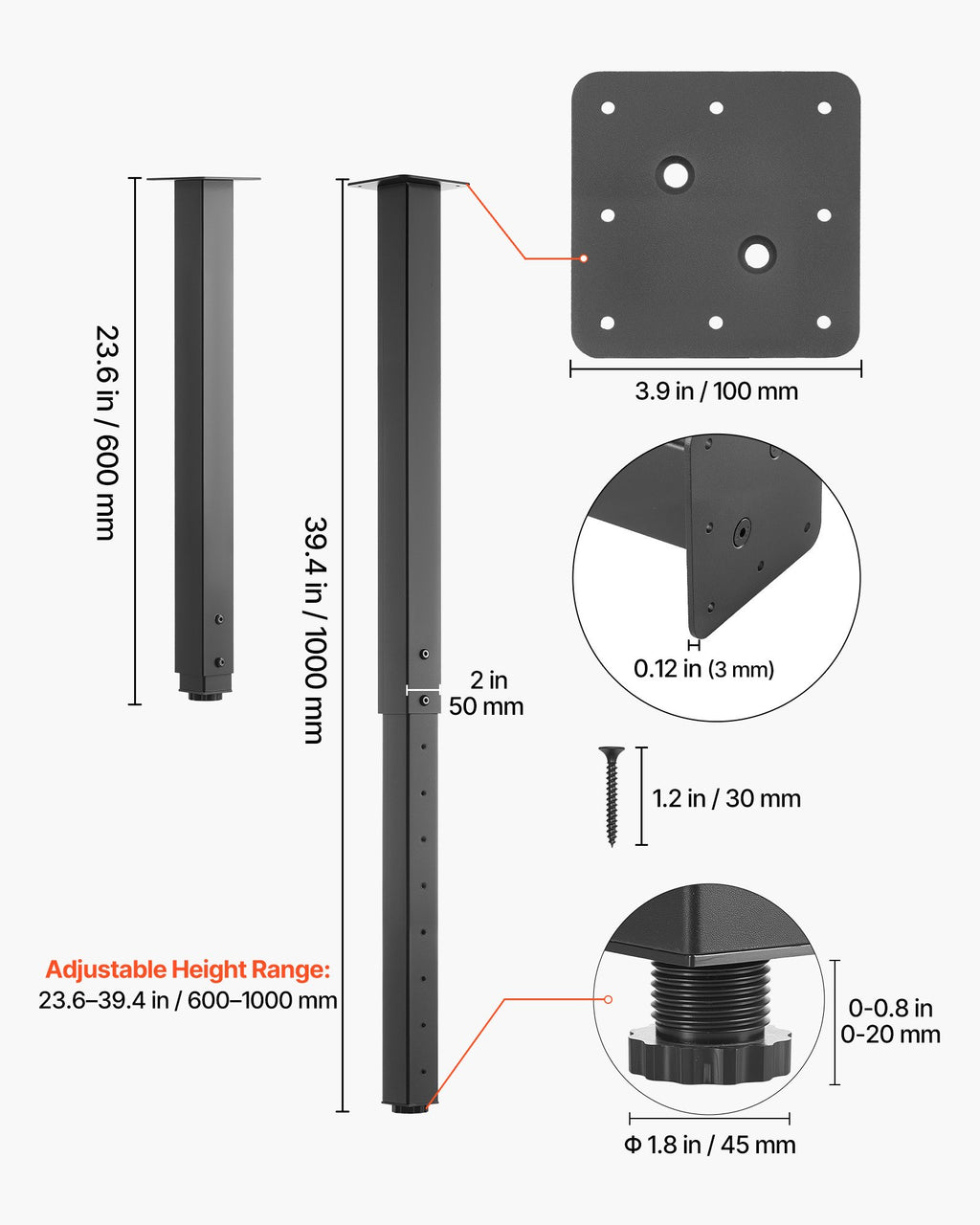 Reguliuojamos stalo kojos VEVOR HXZTFG24-40, 610-1016 mm