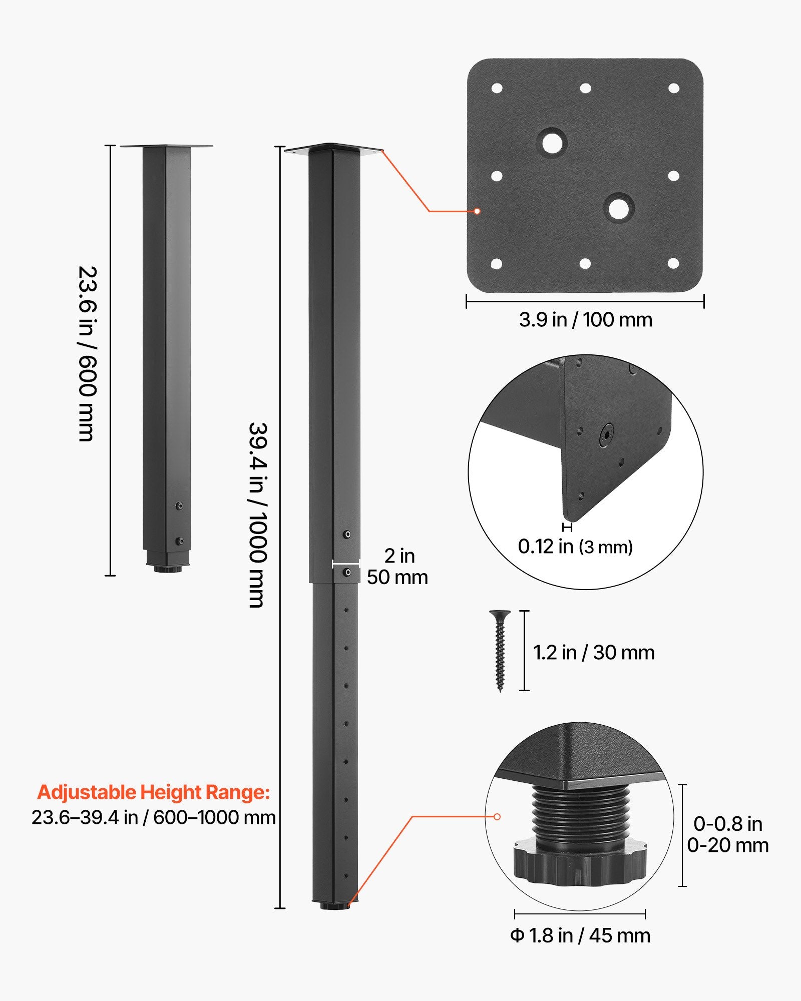 Reguliuojamos stalo kojos VEVOR HXZTFG24-40, 610-1016 mm
