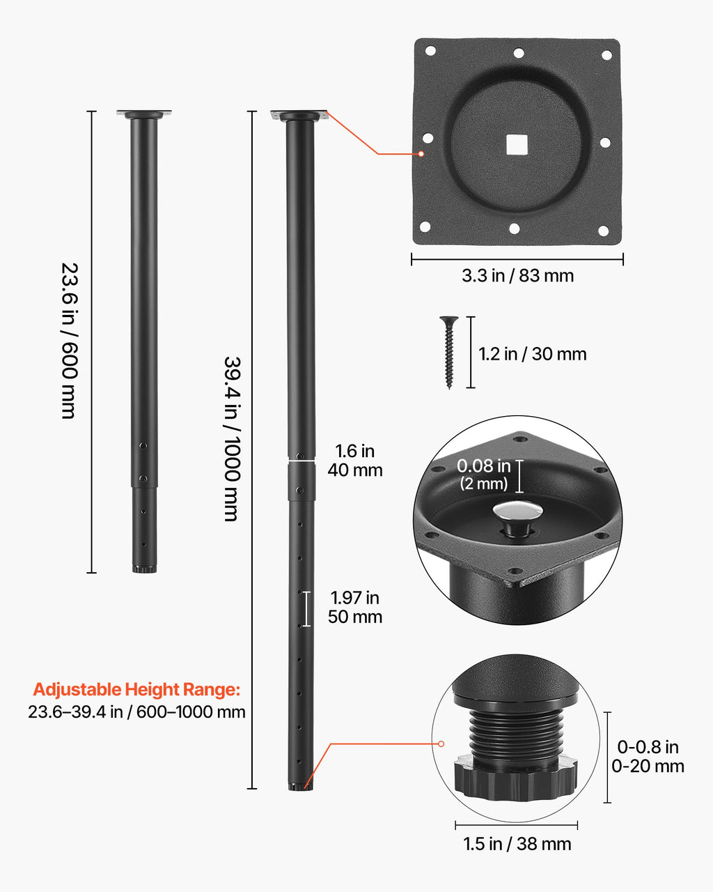 Reguliuojamos stalo kojos VEVOR HXZTYG24-40, 610–1016 mm