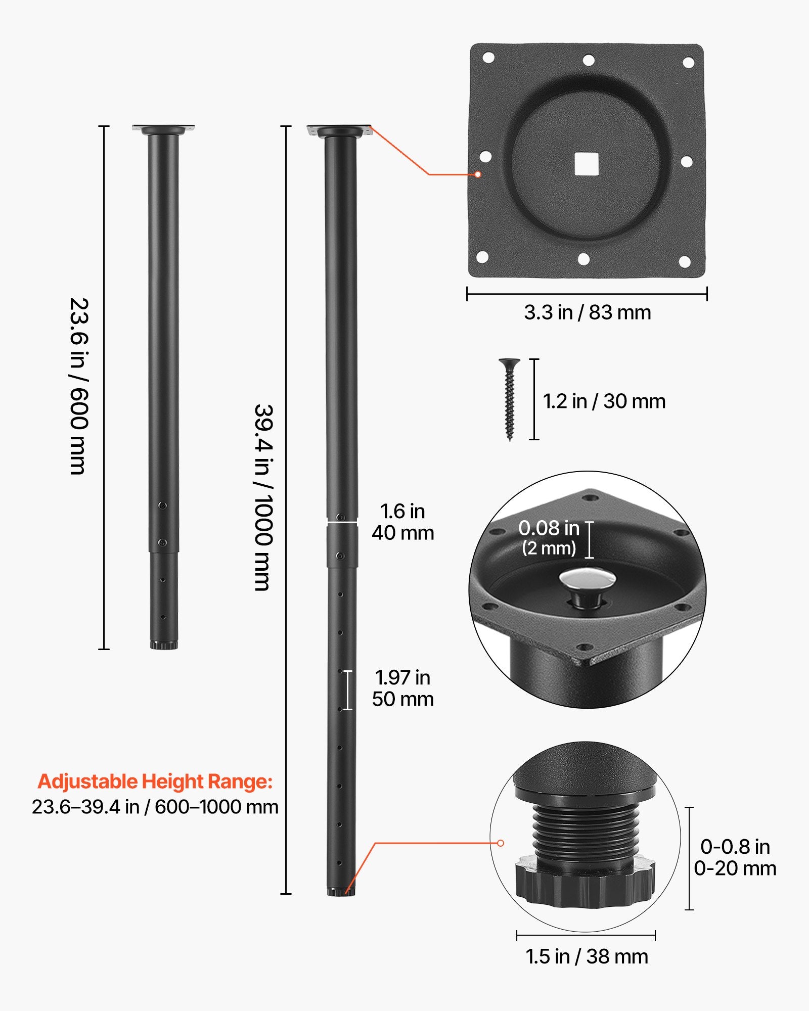 Reguliuojamos stalo kojos VEVOR HXZTYG24-40, 610–1016 mm