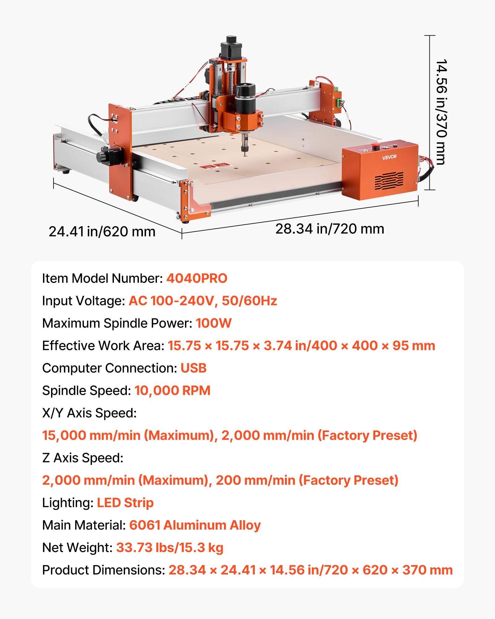 CNC frezavimo staklės VEVOR 4040PRO, 400 x 400 x 95 mm darbinis plotas
