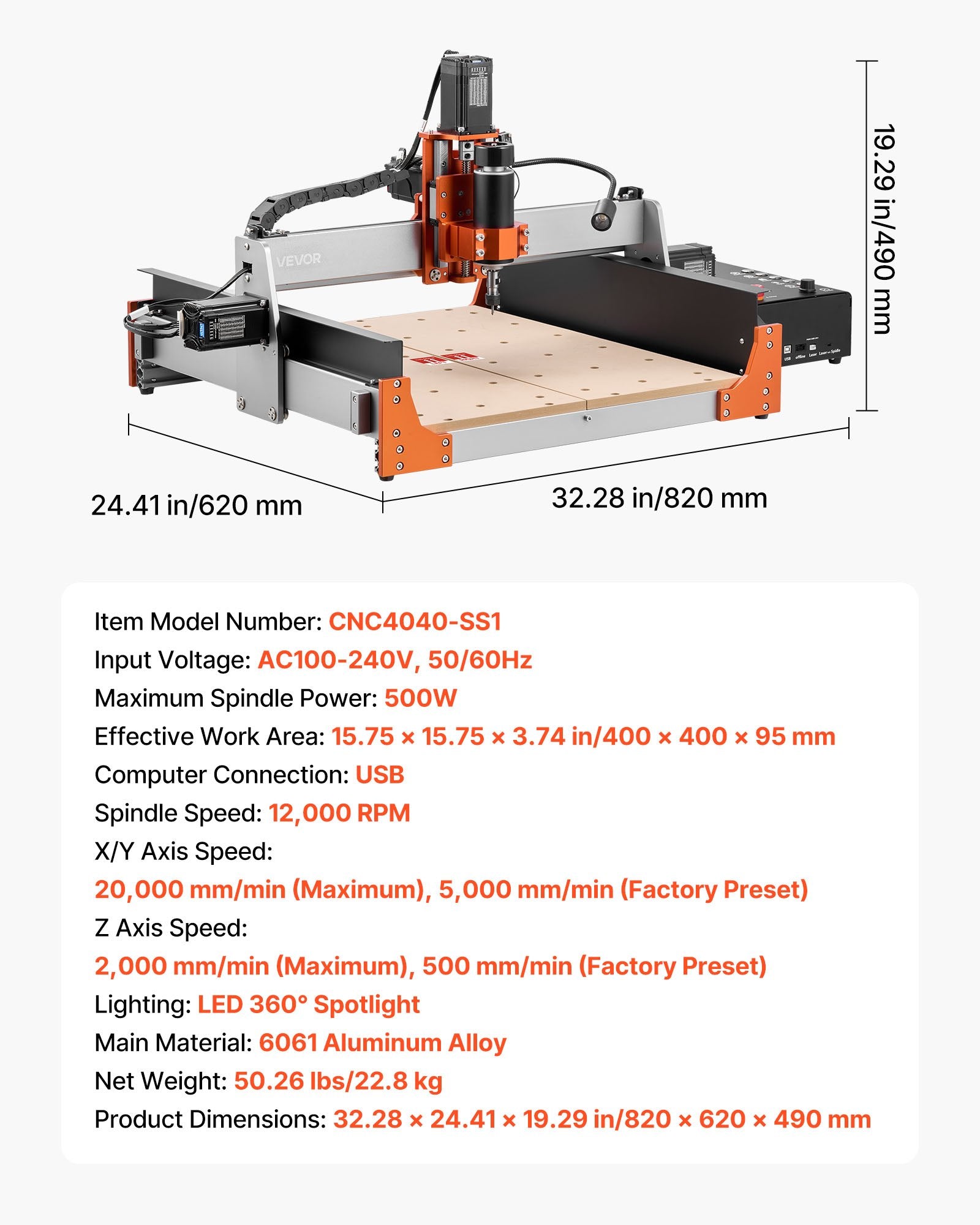 CNC frezavimo staklės VEVOR CN C4040-SS1, 500 W