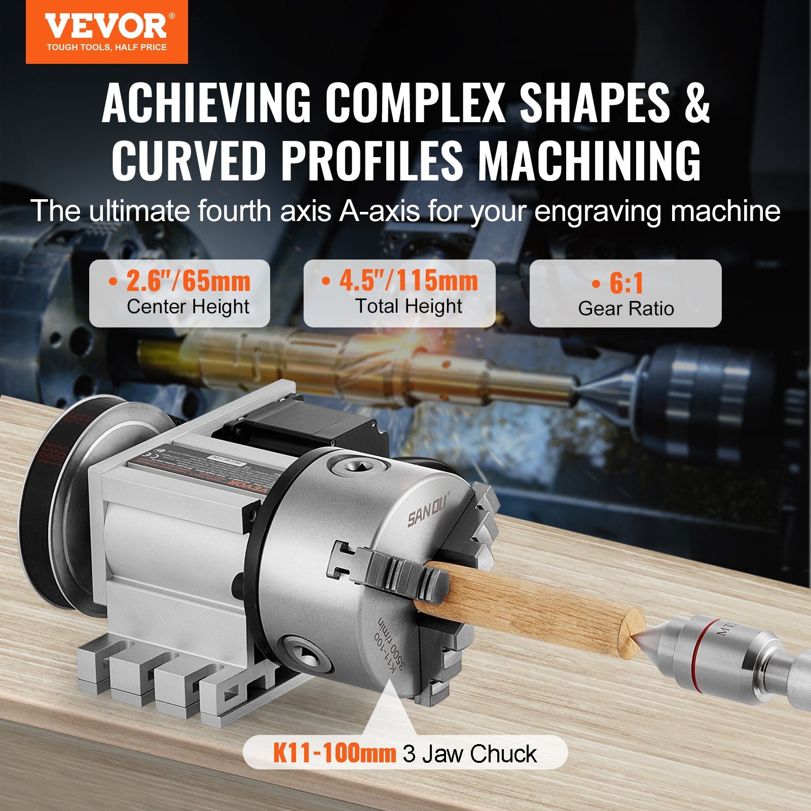CNC dalinimo galvutė VEVOR BS4-KP100-57, 100 mm griebtuvas