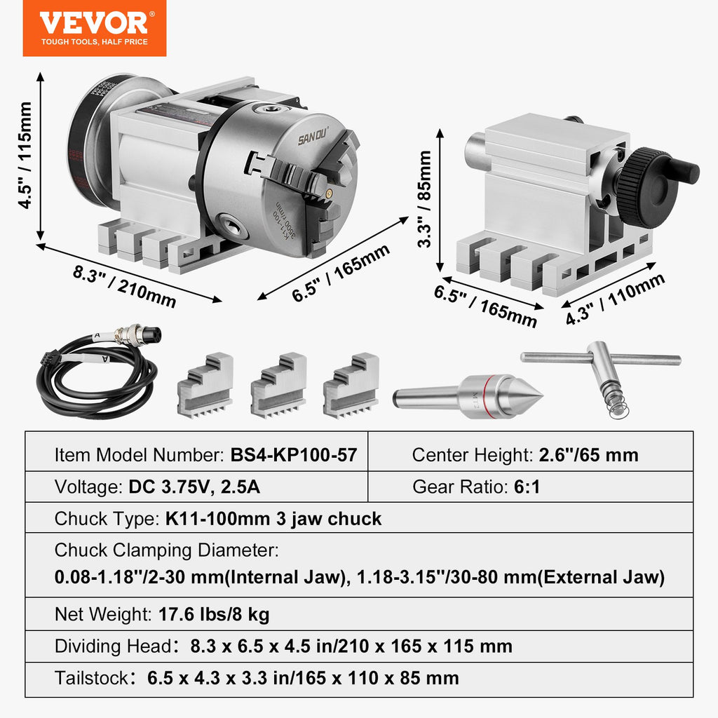 CNC dalinimo galvutė VEVOR BS4-KP100-57, 100 mm griebtuvas
