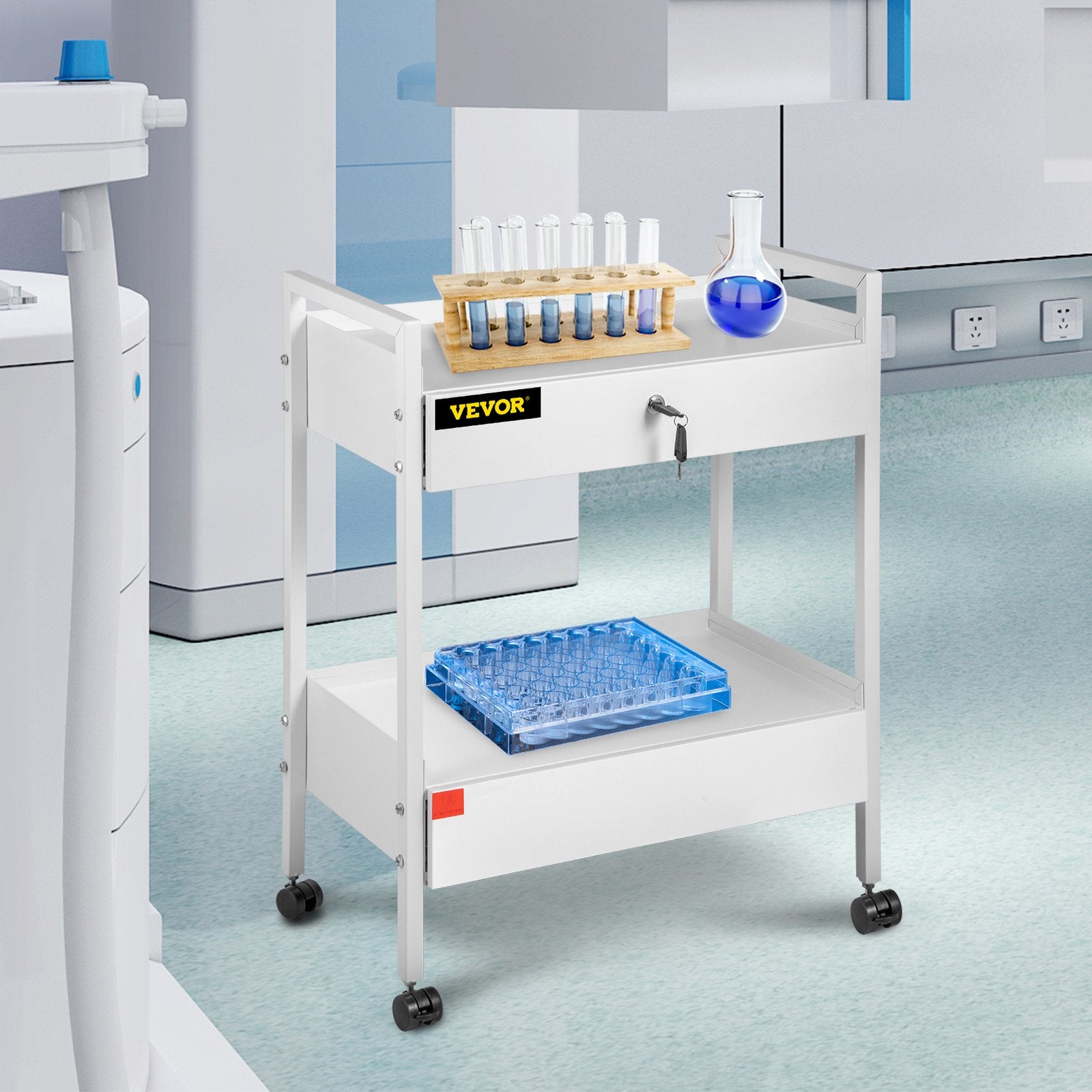Laboratorinis vežimėlis VEVOR 3YYYDJ001XA, 2 lentynos ir 2 stalčiai
