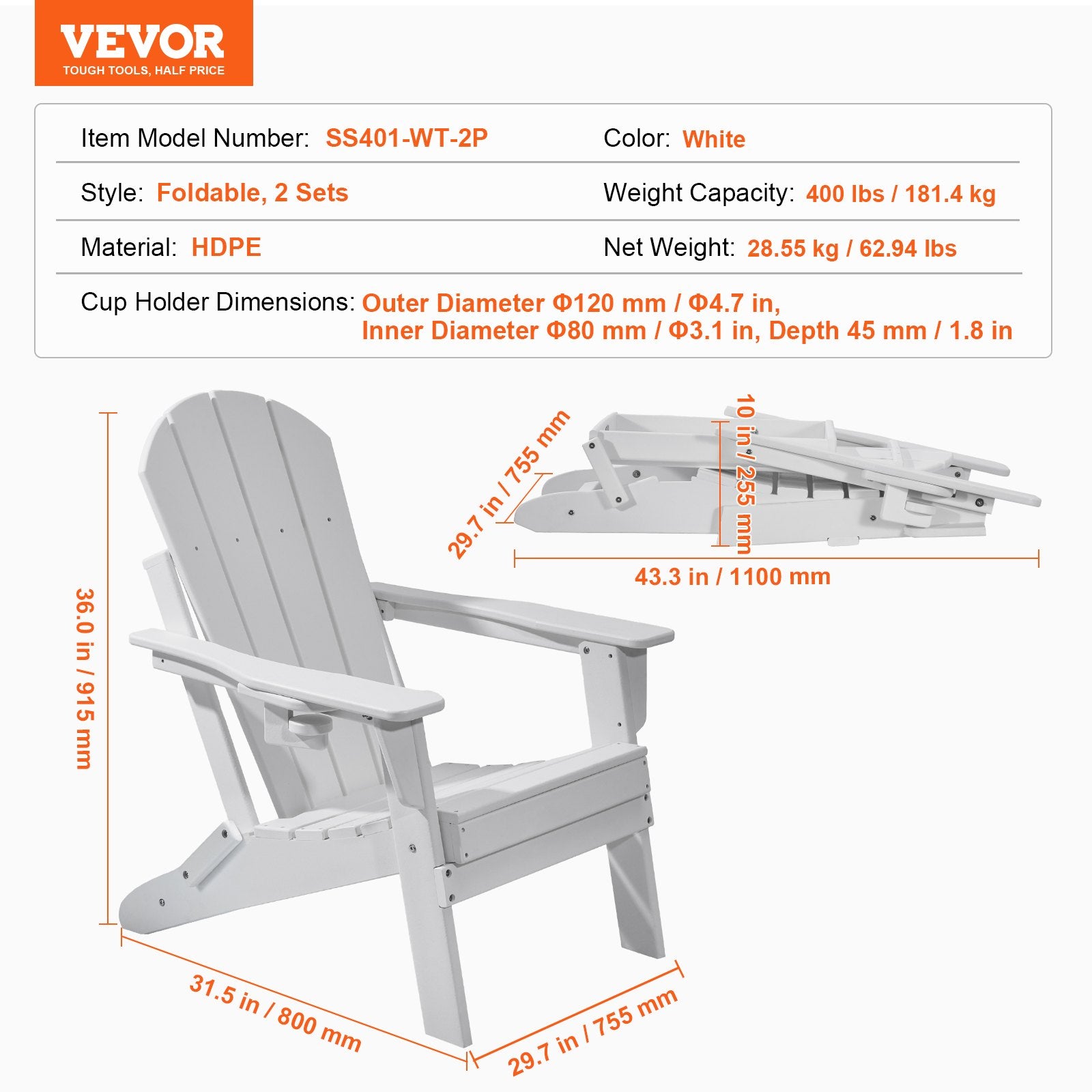Adirondack kėdžių komplektas VEVOR SS401-WT-2P, 2 vnt.