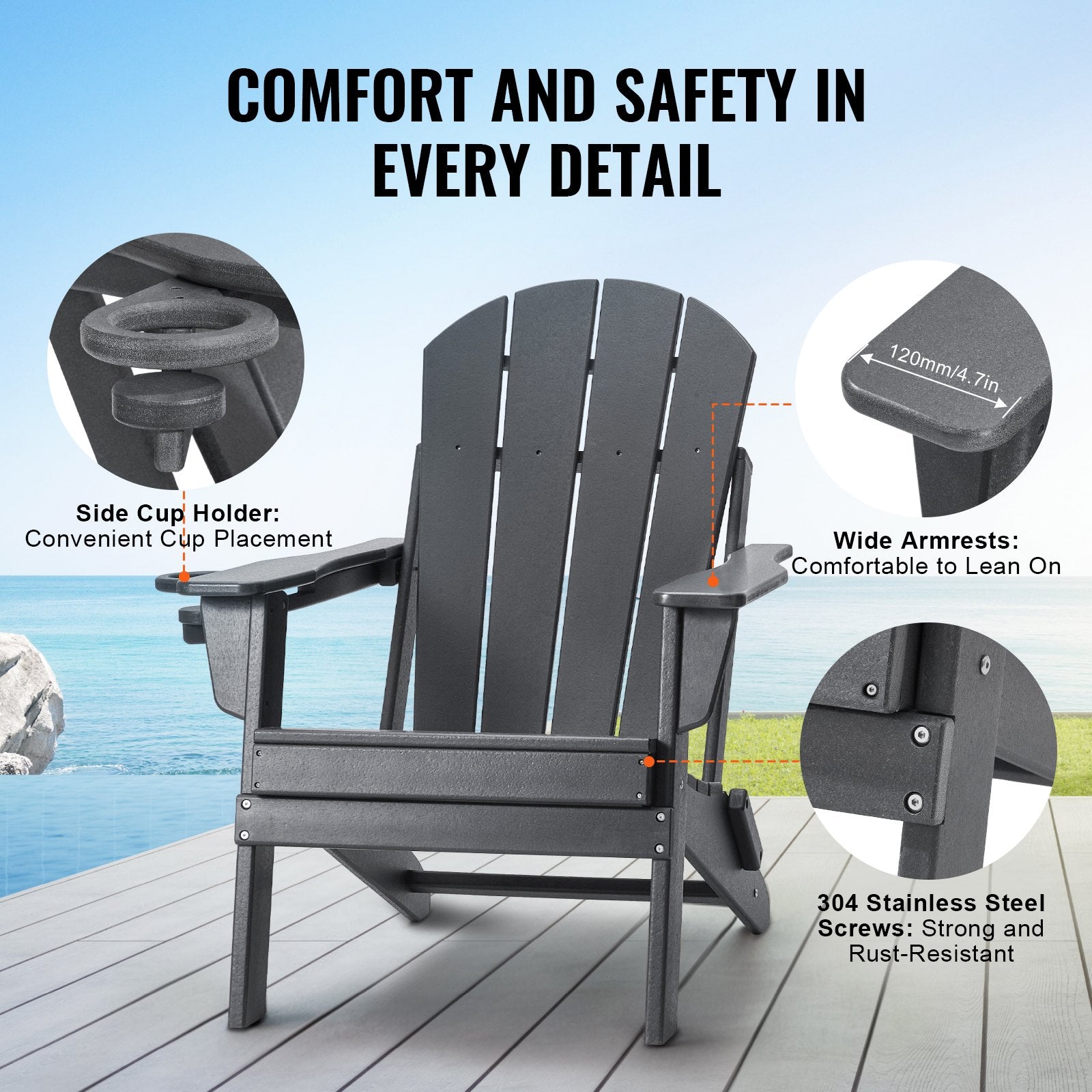 Adirondack tipo kėdės VEVOR SS401-GY-2P, 2 vnt. komplektas