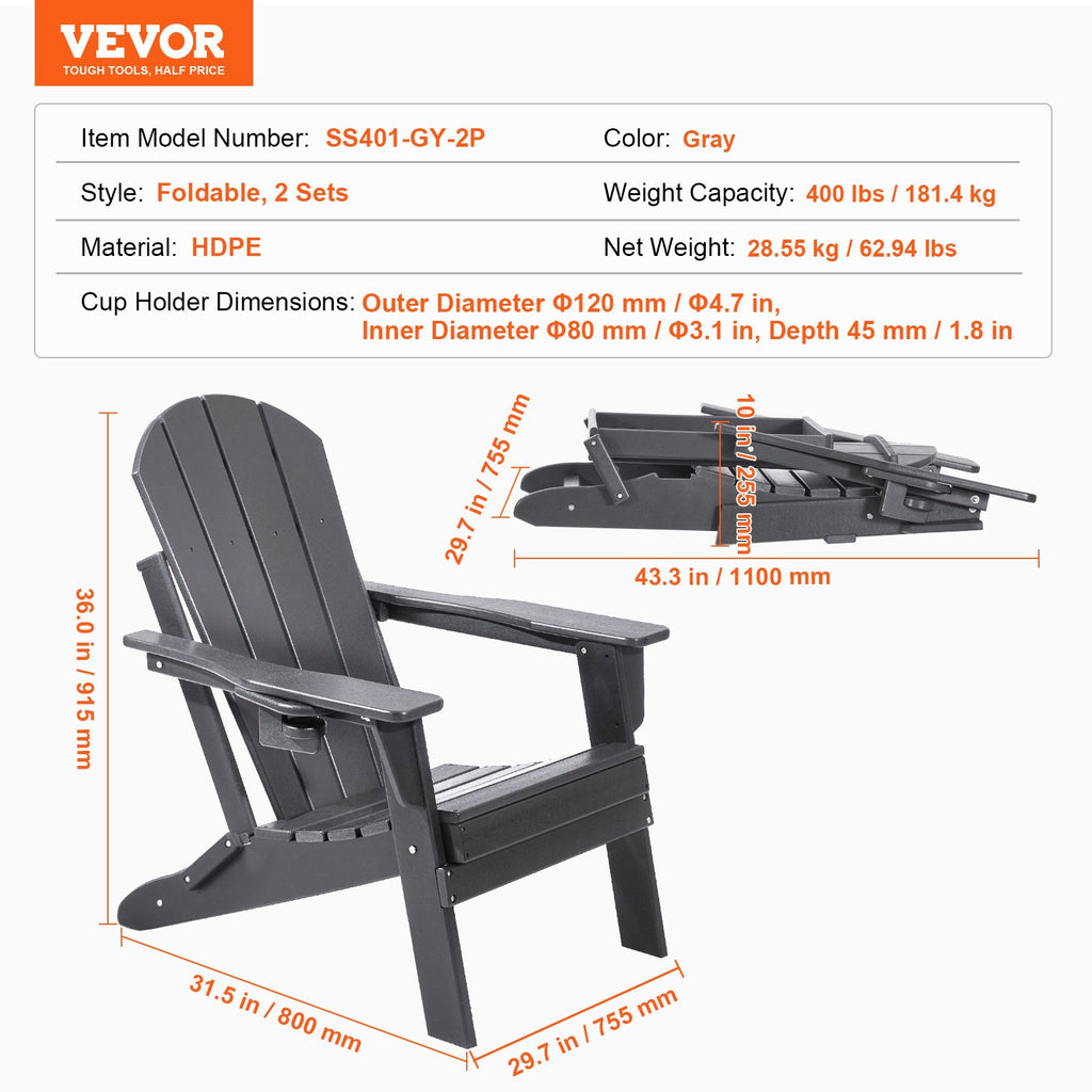 Adirondack tipo kėdės VEVOR SS401-GY-2P, 2 vnt. komplektas