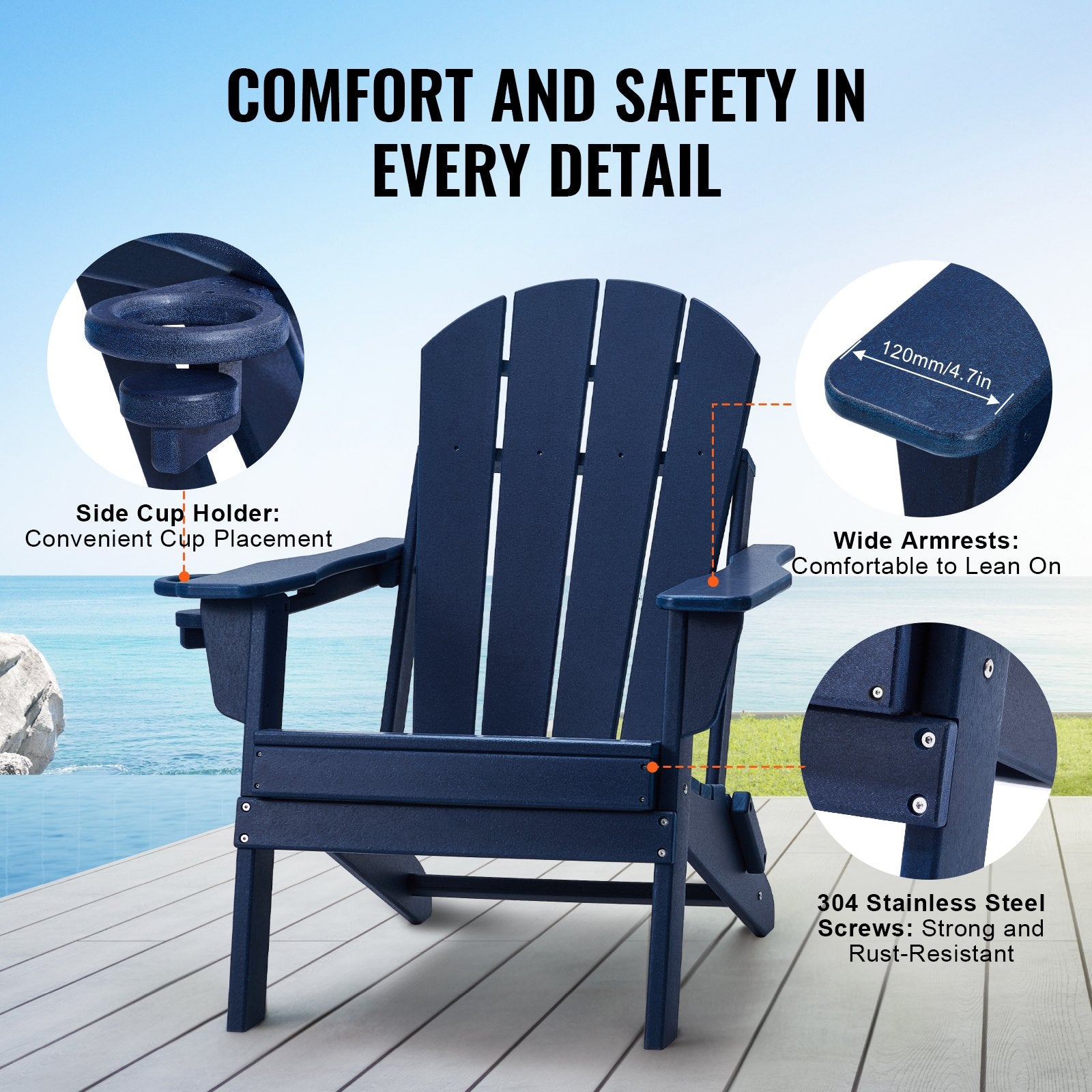 Adirondack tipo kėdės VEVOR SS401-BU-2P, 2 vnt. komplektas