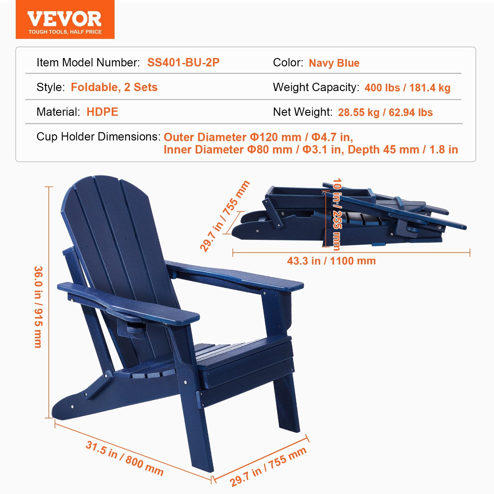 Adirondack tipo kėdės VEVOR SS401-BU-2P, 2 vnt. komplektas