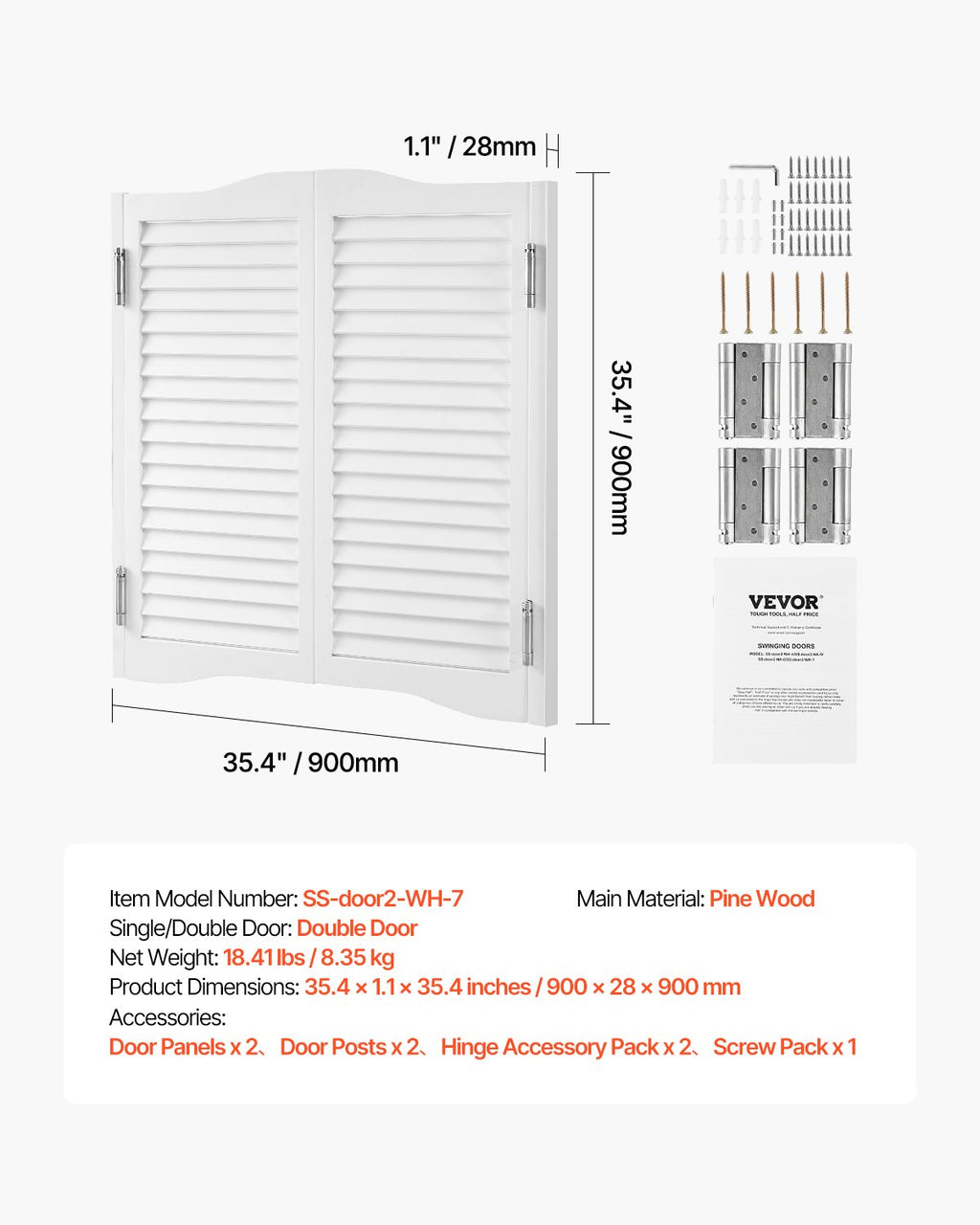 Varstomos kavinės durys VEVOR SS-door2-WH-7, 91,4 x 91,4 cm