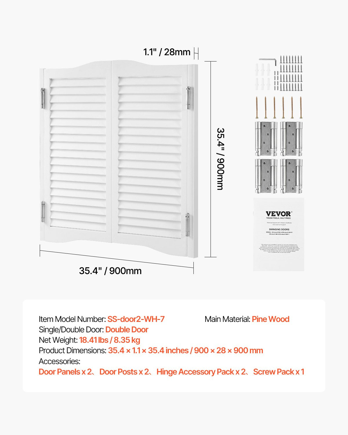 Varstomos kavinės durys VEVOR SS-door2-WH-7, 91,4 x 91,4 cm