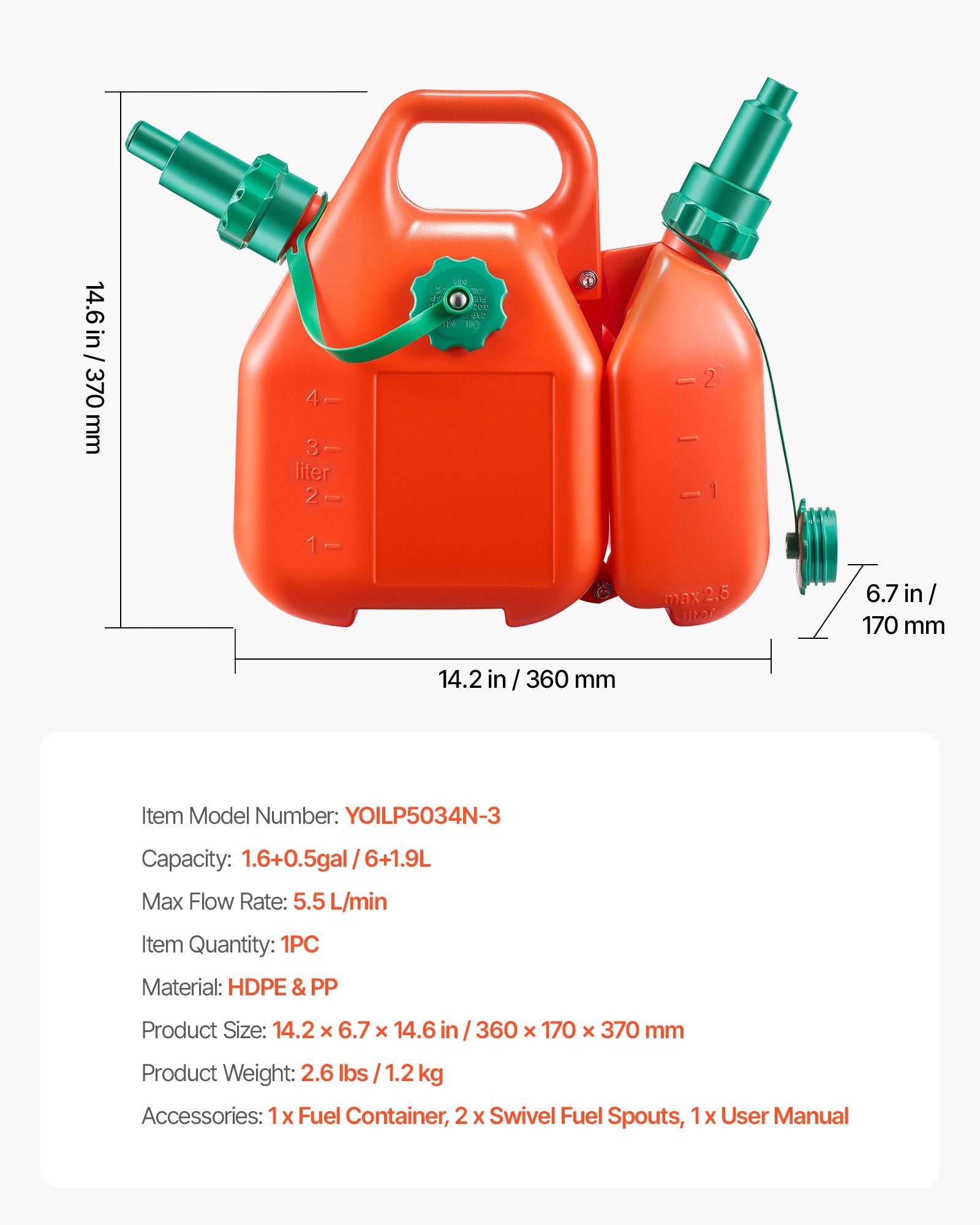 Degalų kanistras VEVOR YOILP5034N-3, 6 L + 1,9 L