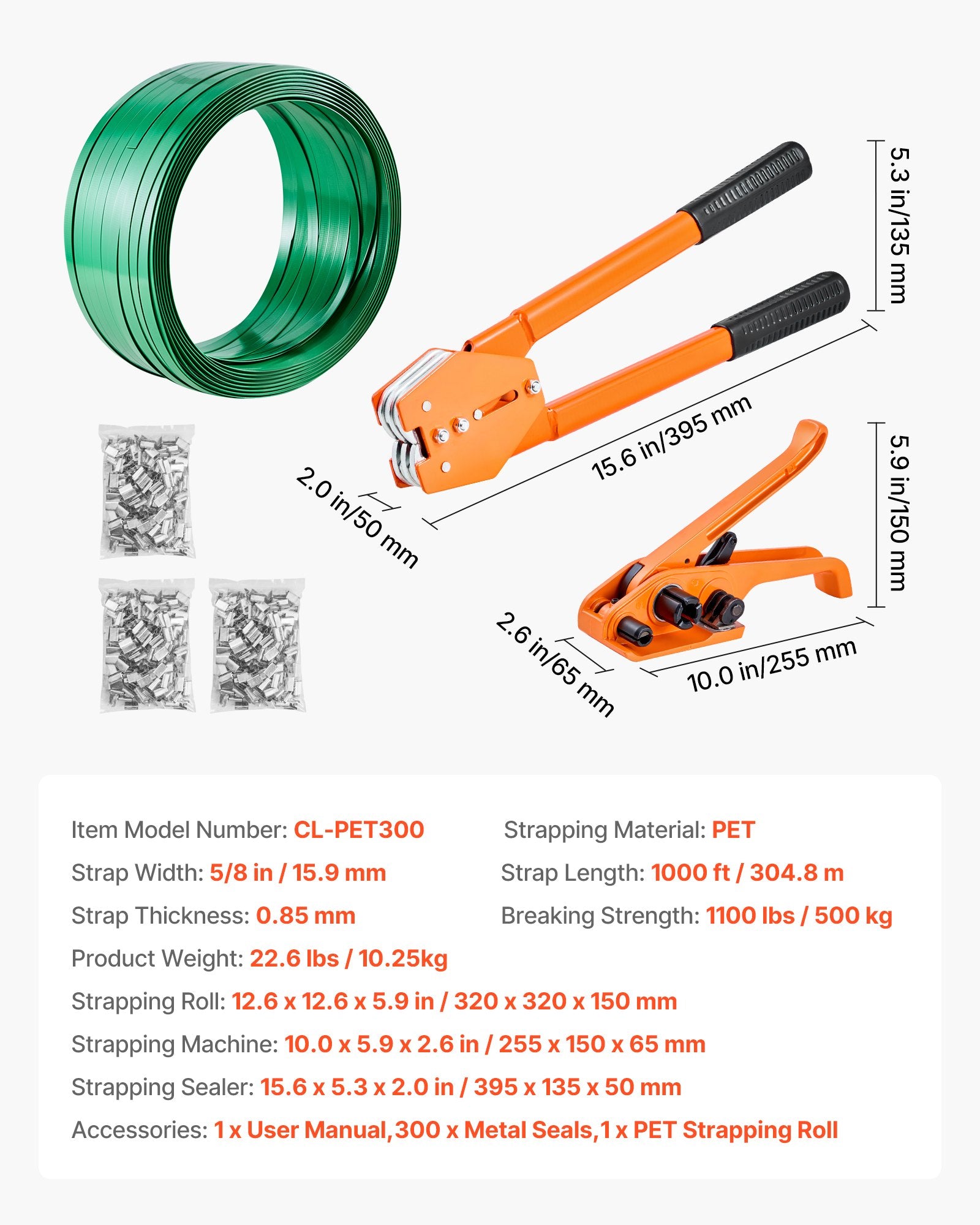 Rankinis pakavimo juostos įtempimo ir tvirtinimo rinkinys VEVOR CL-PET300, 305 m PET juosta