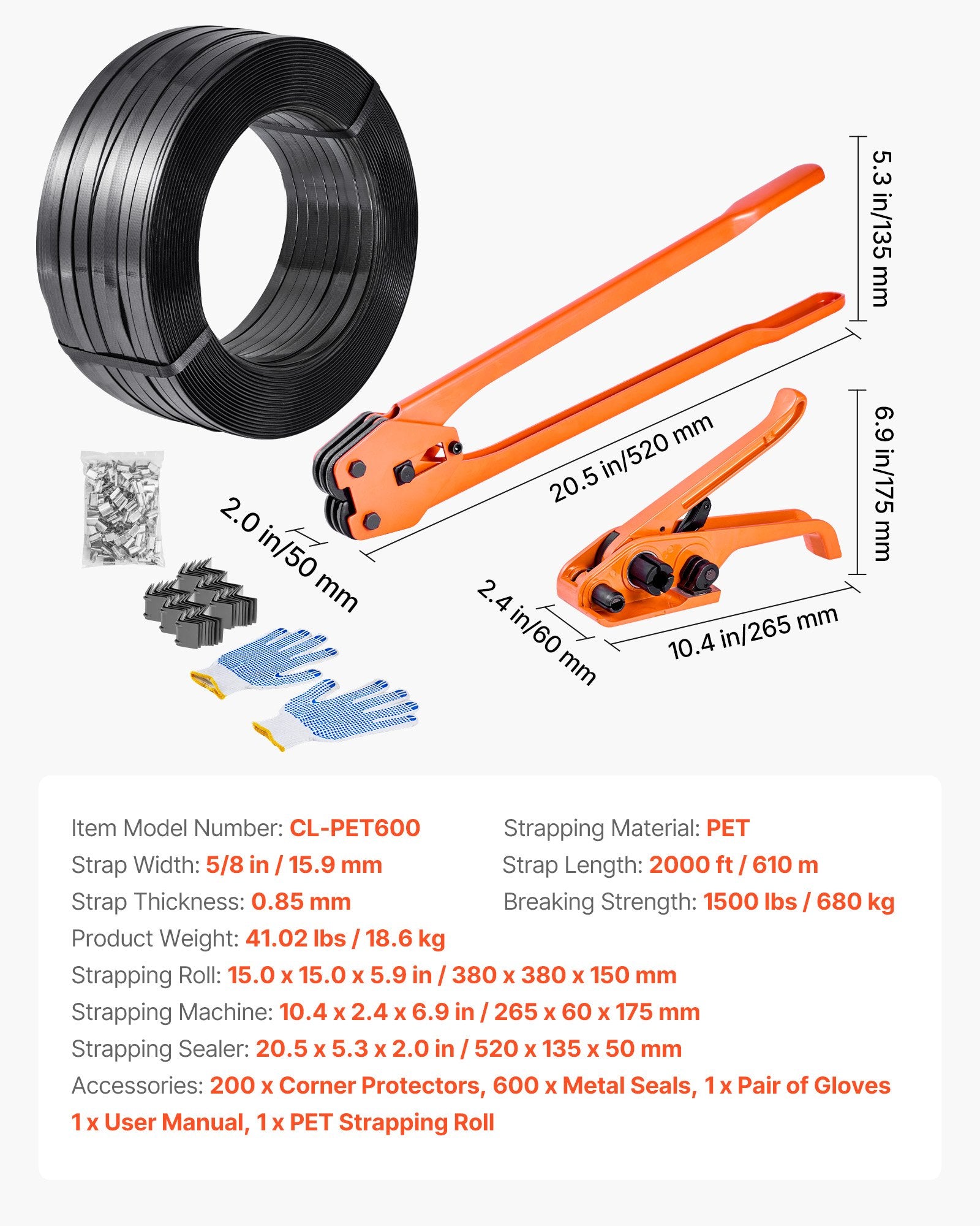 Pakavimo juostos įtempimo ir tvirtinimo rinkinys VEVOR CL-PET600, 610 m PET juosta