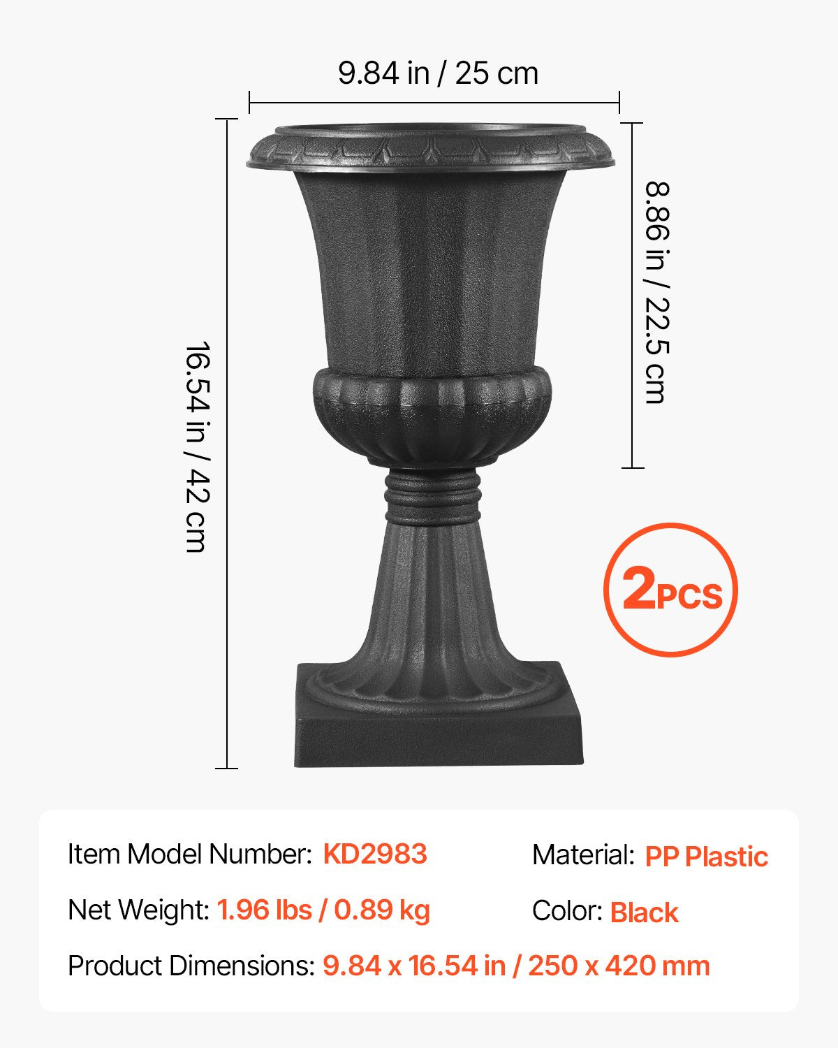 Plastikiniai vazonai-urnos VEVOR KD2983, 25 x 42 cm, 2 vnt.