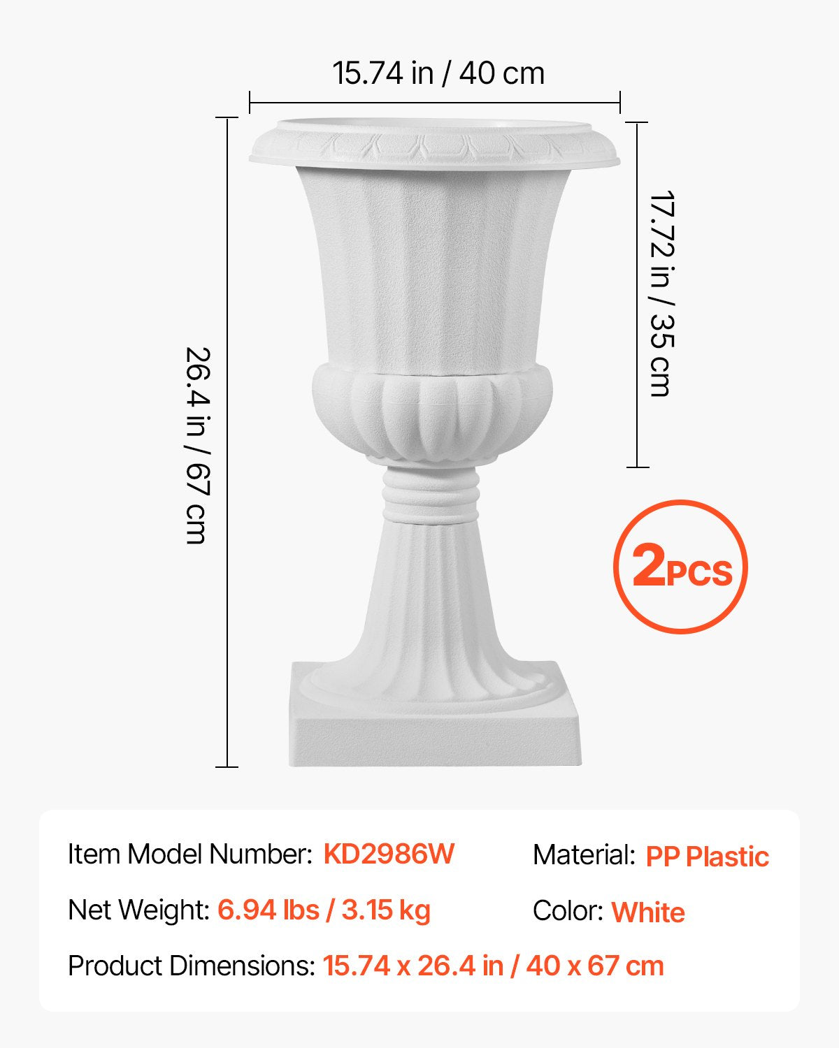 Plastikiniai vazonai-urnos VEVOR KD2986W, 40 x 67 cm, 2 vnt.