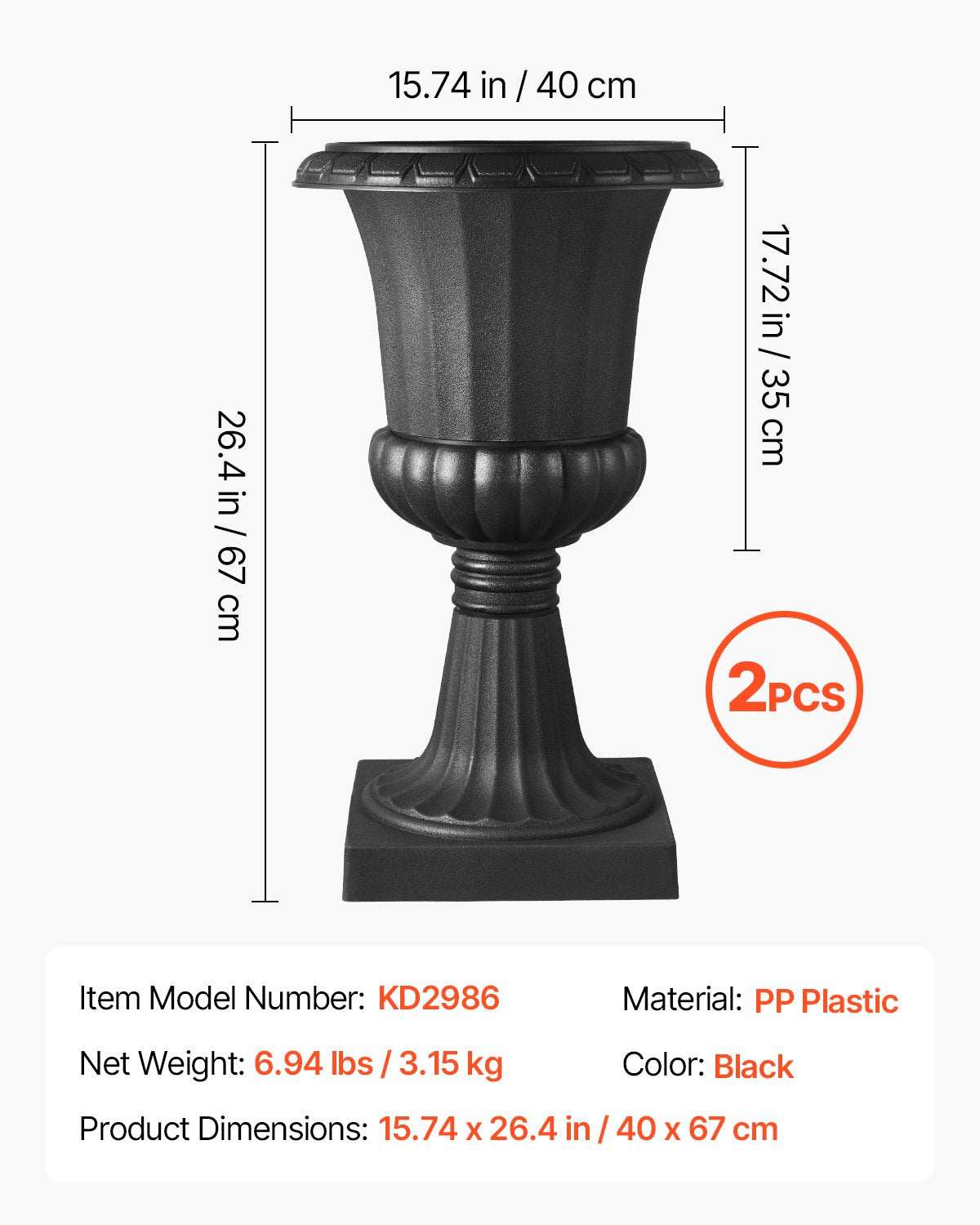 Plastikiniai vazonai-urnos VEVOR KD2986, 2 vnt., 40 x 67 cm