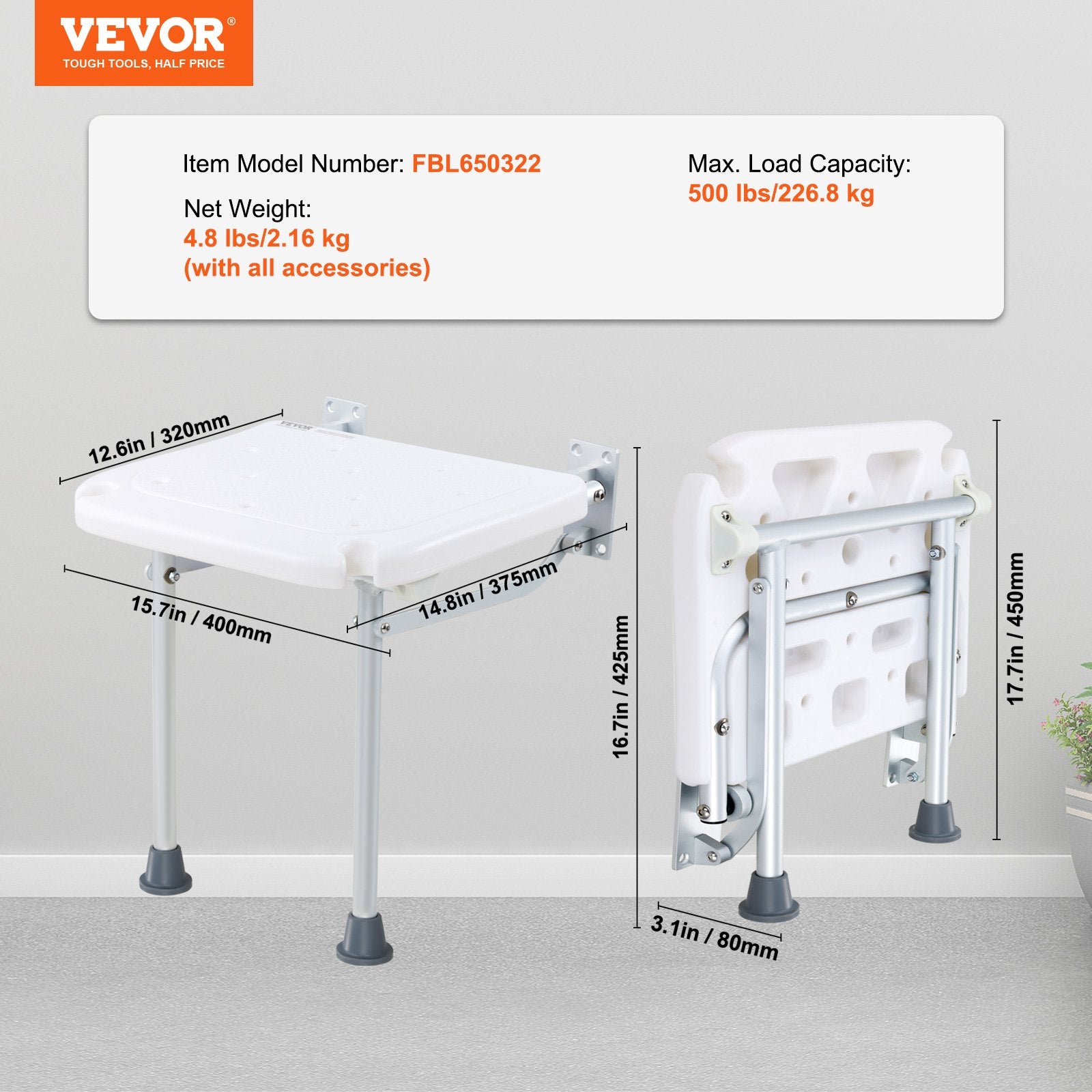 Sulankstoma dušo kėdė VEVOR FBL650322, 226,8 kg apkrova