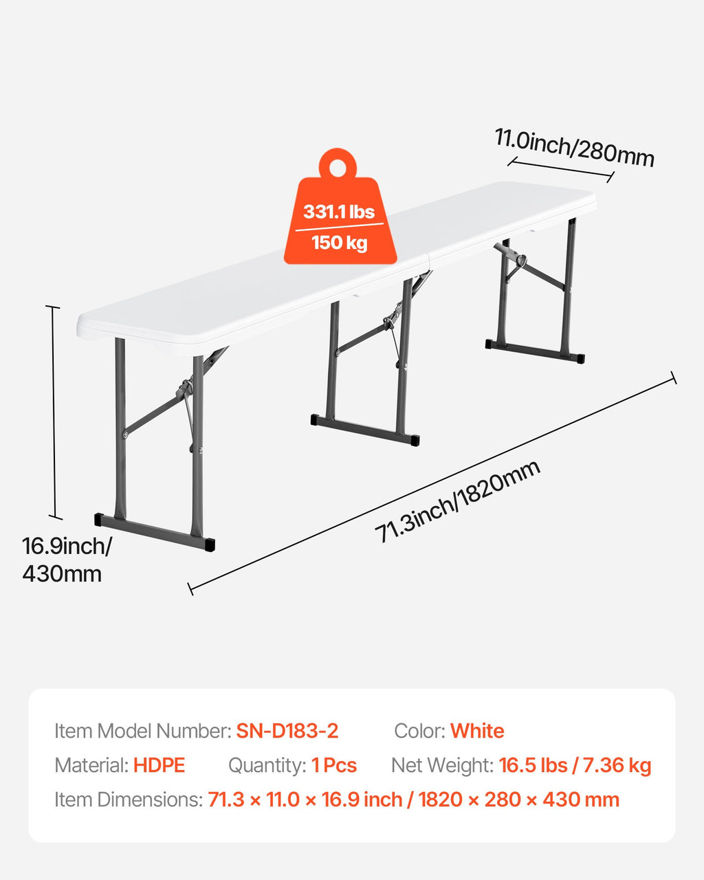 Sulankstomas suolas VEVOR SN-D183-2, 182 cm ilgio