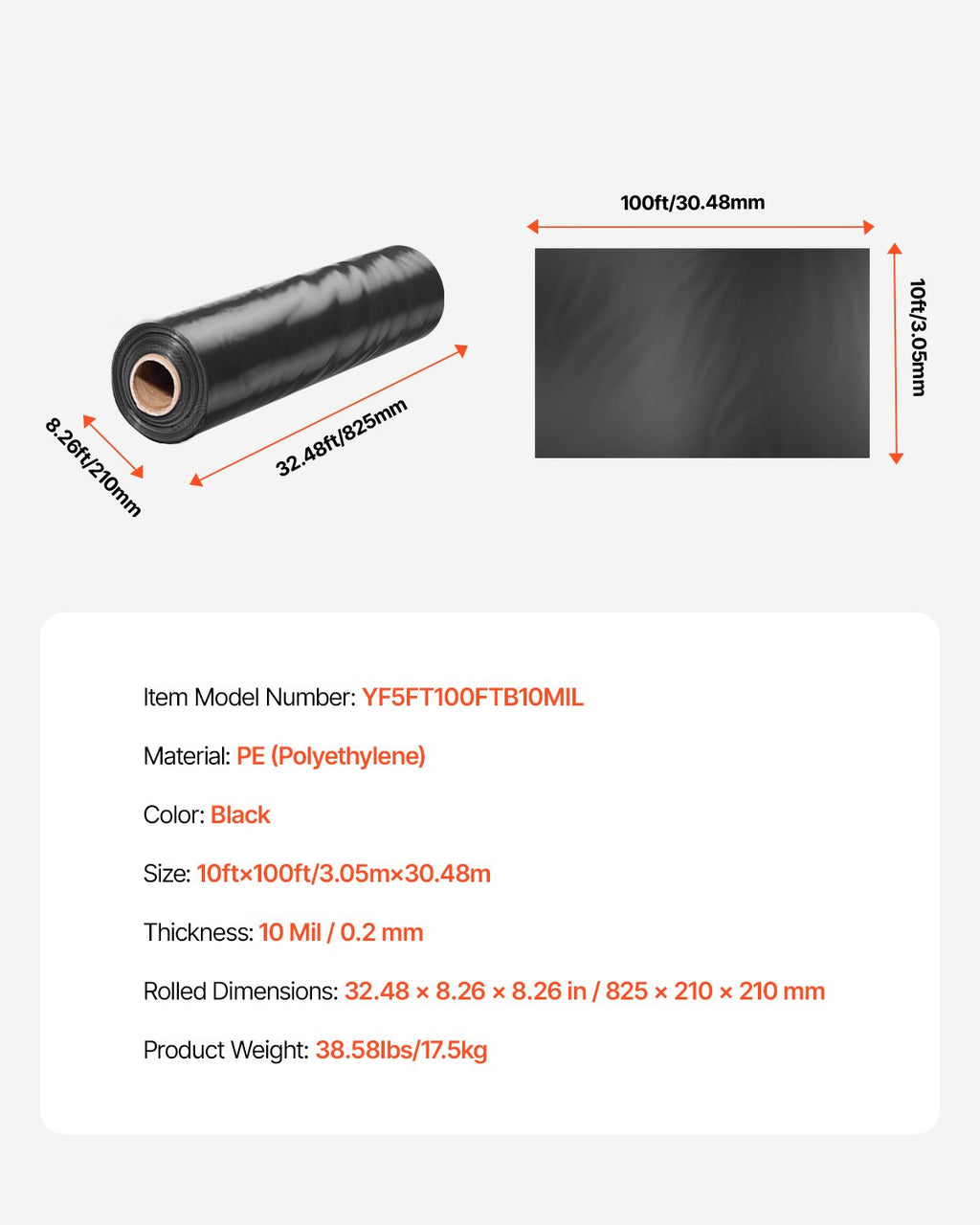 Polietileno plėvelė VEVOR YF5FT100FTB10MIL, 3,05 x 30,48 m (10 mil)