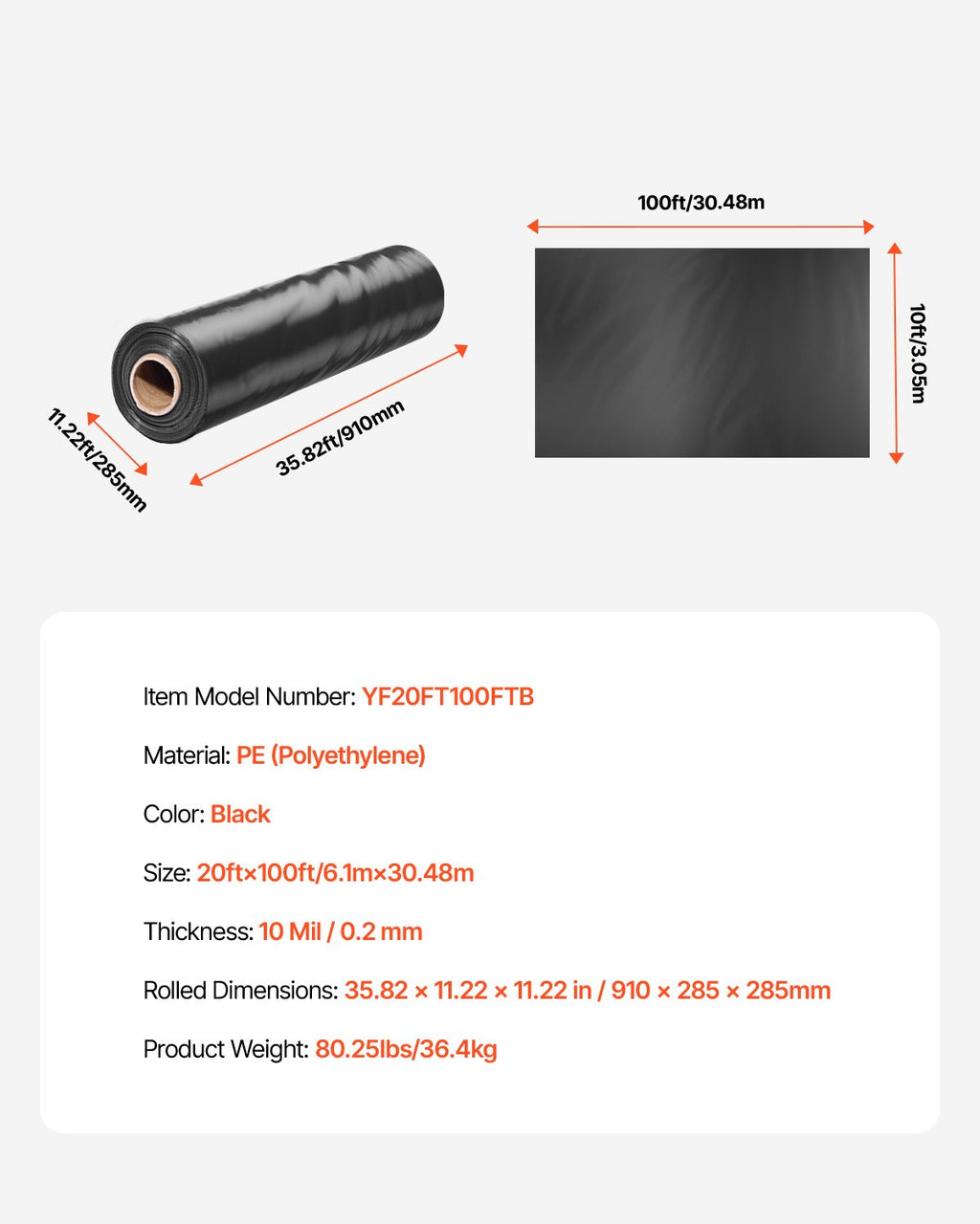 Polietileno plėvelė VEVOR YF20FT100FTB, 6,1 x 30,5 m, 0,25 mm