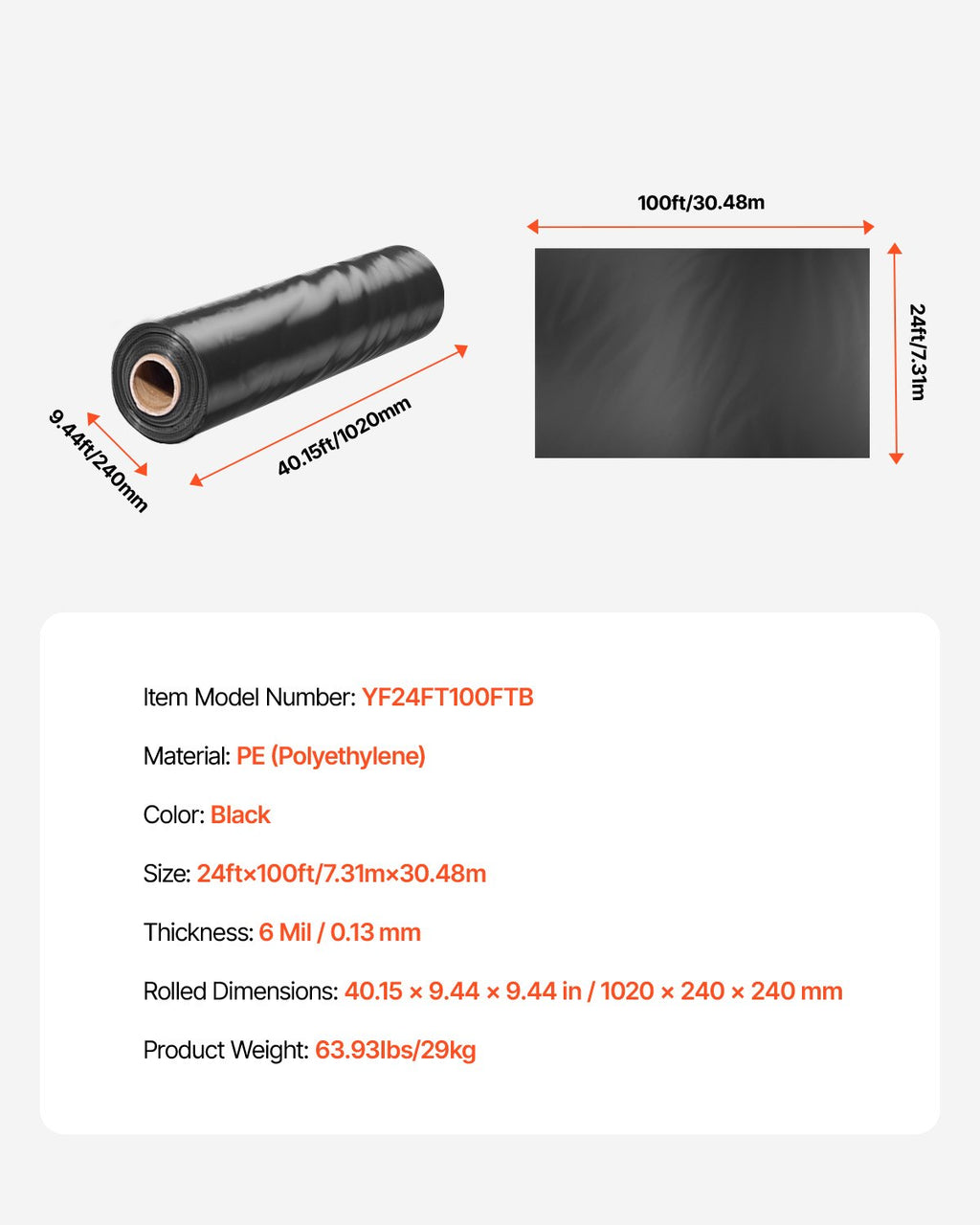 Polietileno plėvelė VEVOR YF24FT100FTB, 7,31 x 30,48 m, 0,15 mm