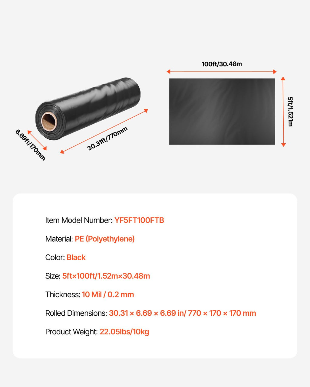 Polietileno plėvelė VEVOR YF5FT100FTB, 1.52 x 30.48 m