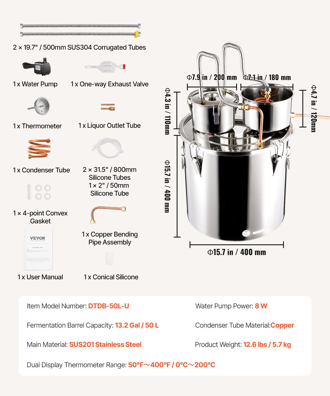 Alkoholio distiliavimo aparatas VEVOR DTDB-50L-U, 50 l