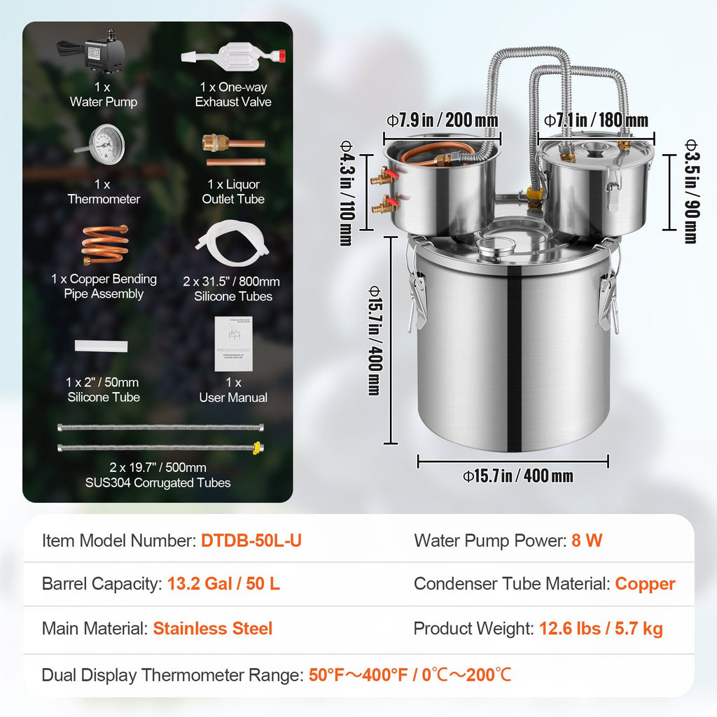 Alkoholio distiliavimo aparatas VEVOR DTDB-50L-U, 50 l