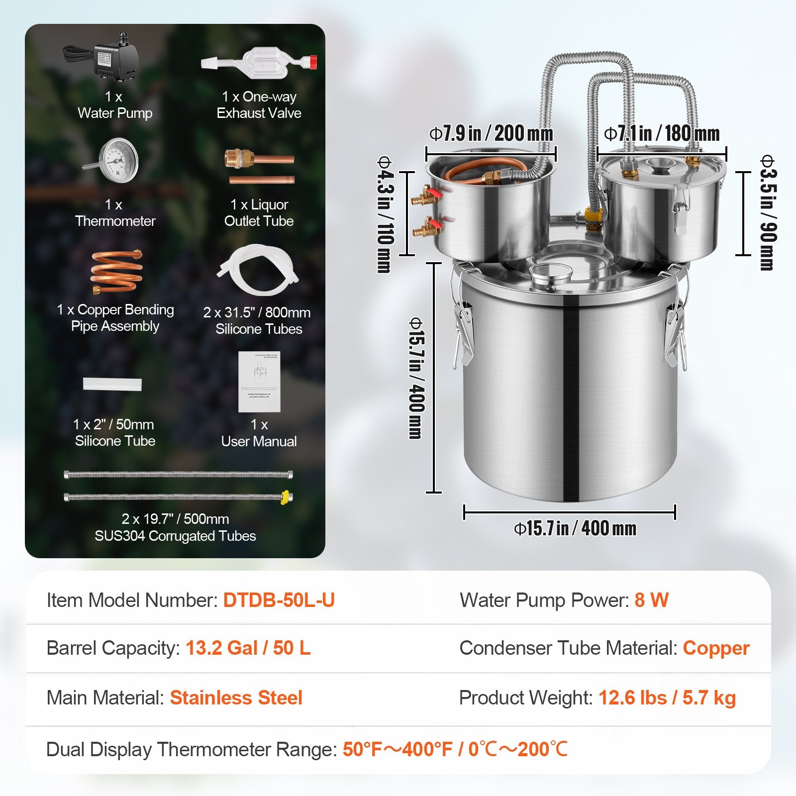 Alkoholio distiliavimo aparatas VEVOR DTDB-50L-U, 50 l