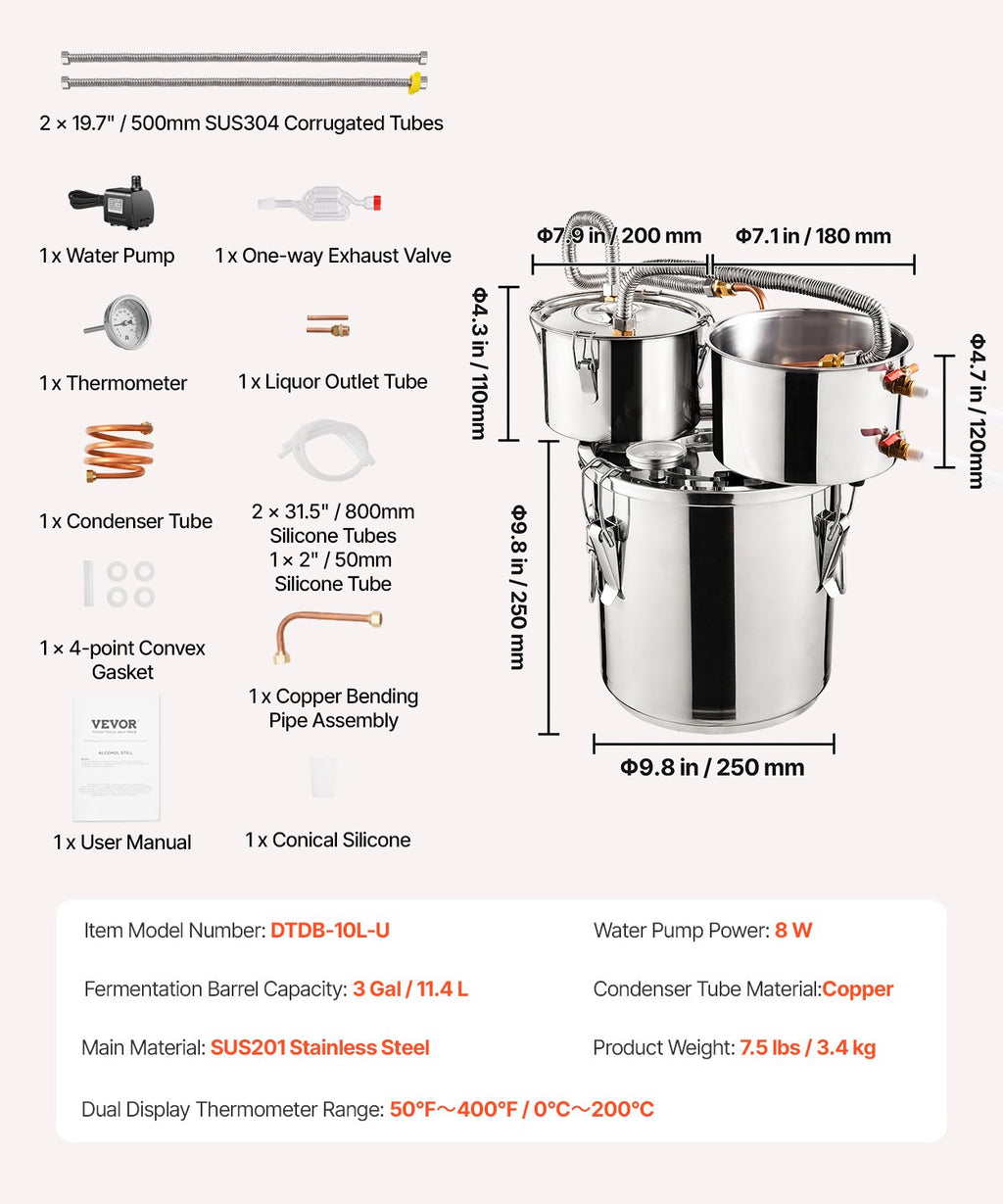 Distiliatorius VEVOR DTDB-10L-U, 11,4 l