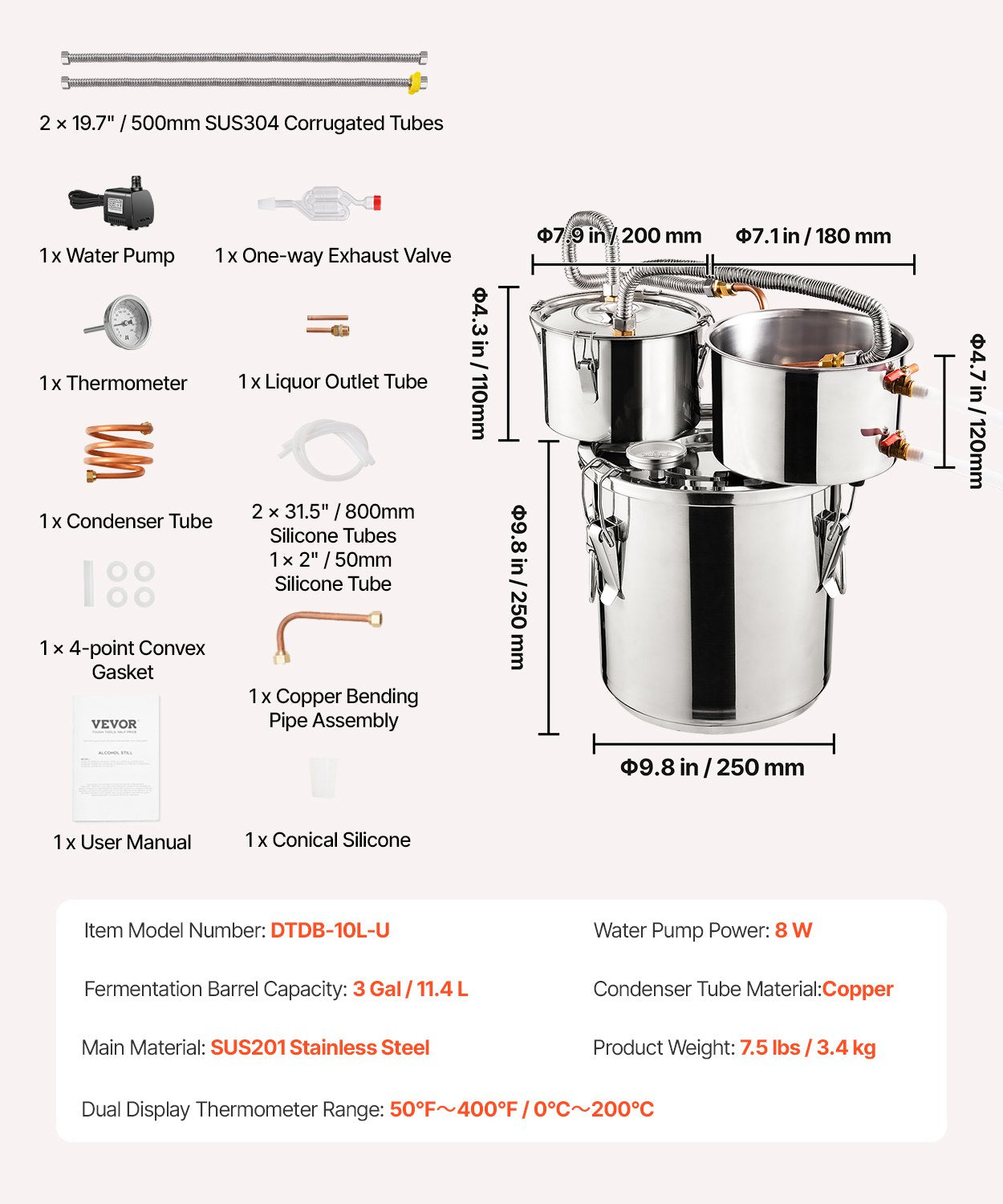 Distiliatorius VEVOR DTDB-10L-U, 11,4 l