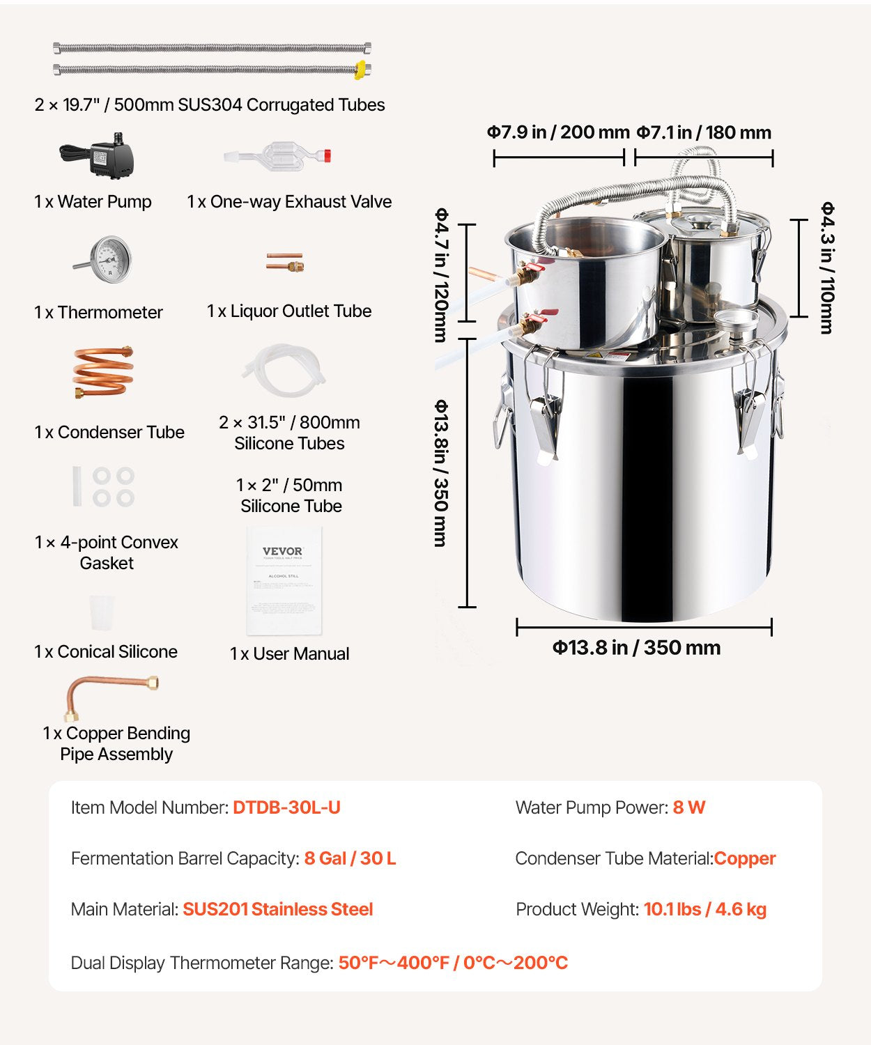 Distiliavimo aparatas VEVOR DTDB-30L-U, 30 L