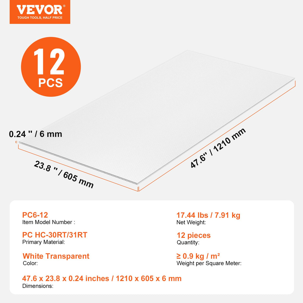 Polikarbonato plokštės šiltnamiui VEVOR PC6-12, 12 vnt.