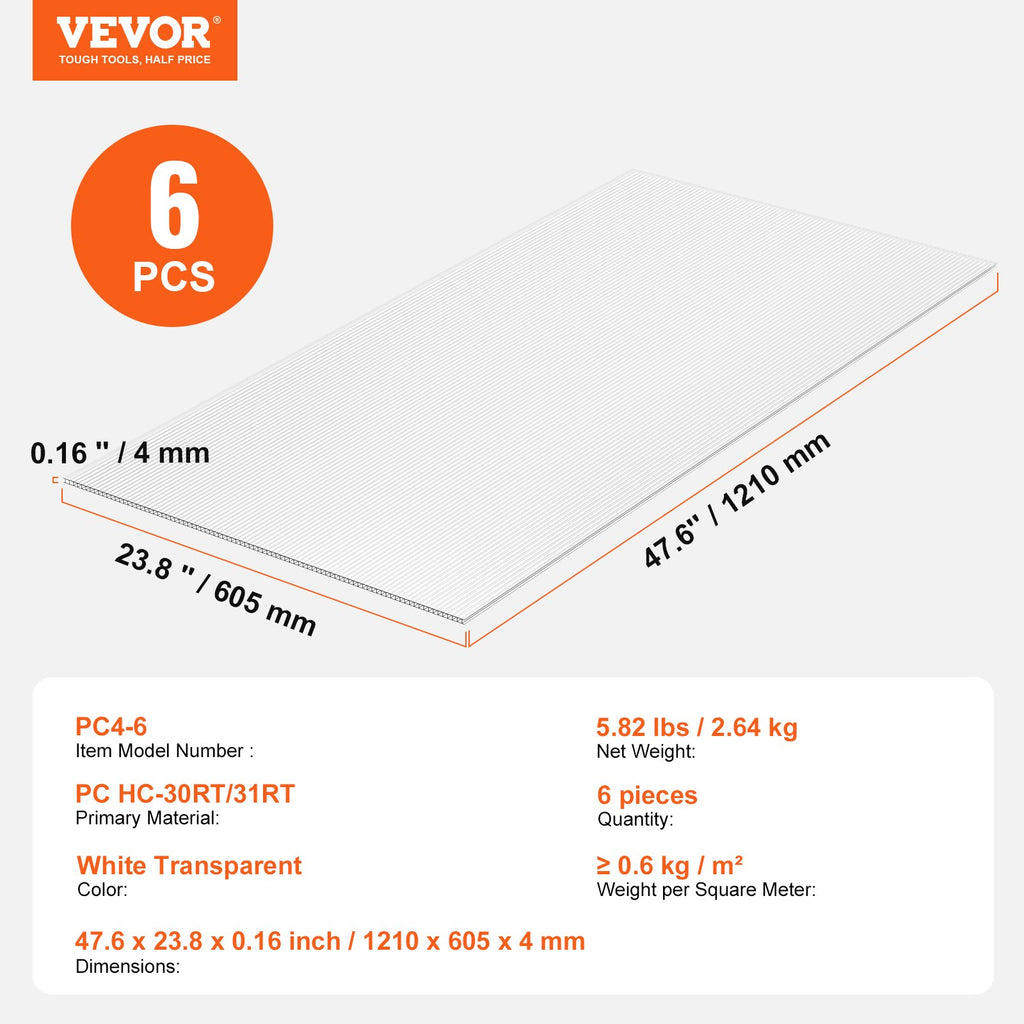 Polikarbonato šiltnamio plokštės VEVOR PC4-6, 1210 x 605 x 4 mm, 6 vnt.