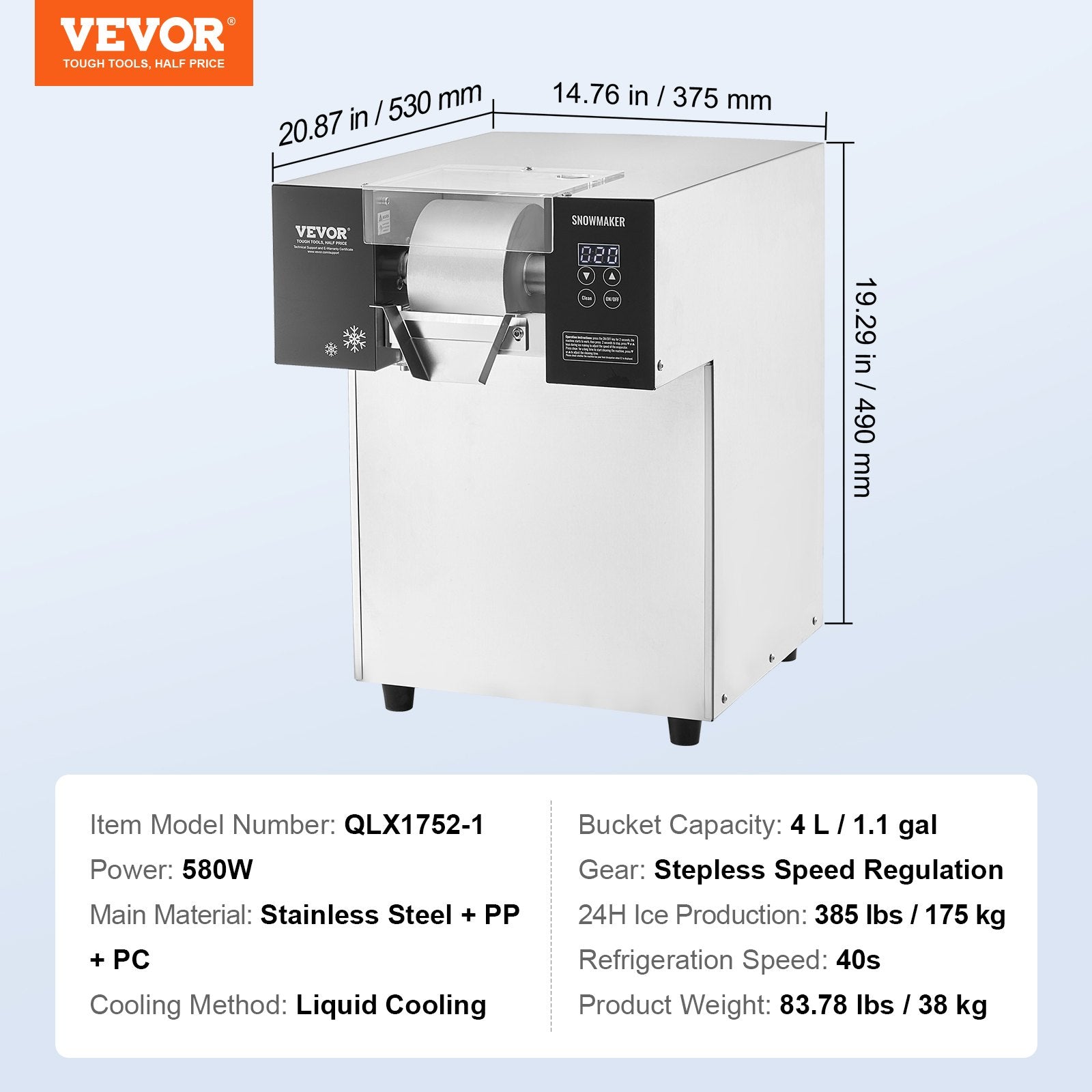Pramoninis snaigių ledo generatorius VEVOR QLX1752-1, 175 kg/24 val.