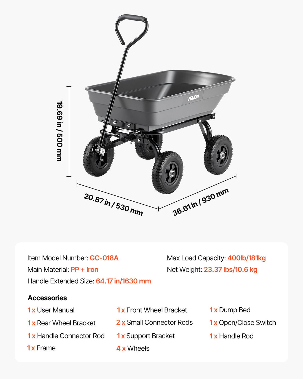 Sodo vežimėlis VEVOR GC-018A, 181 kg keliamoji galia
