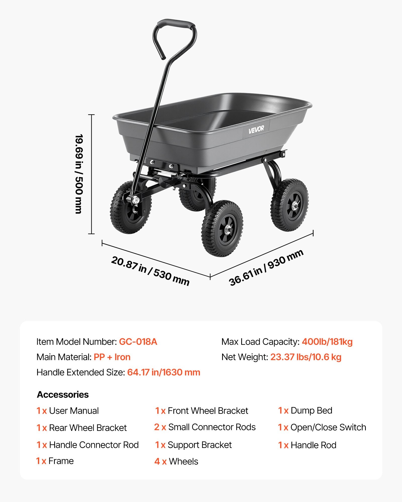 Sodo vežimėlis VEVOR GC-018A, 181 kg keliamoji galia