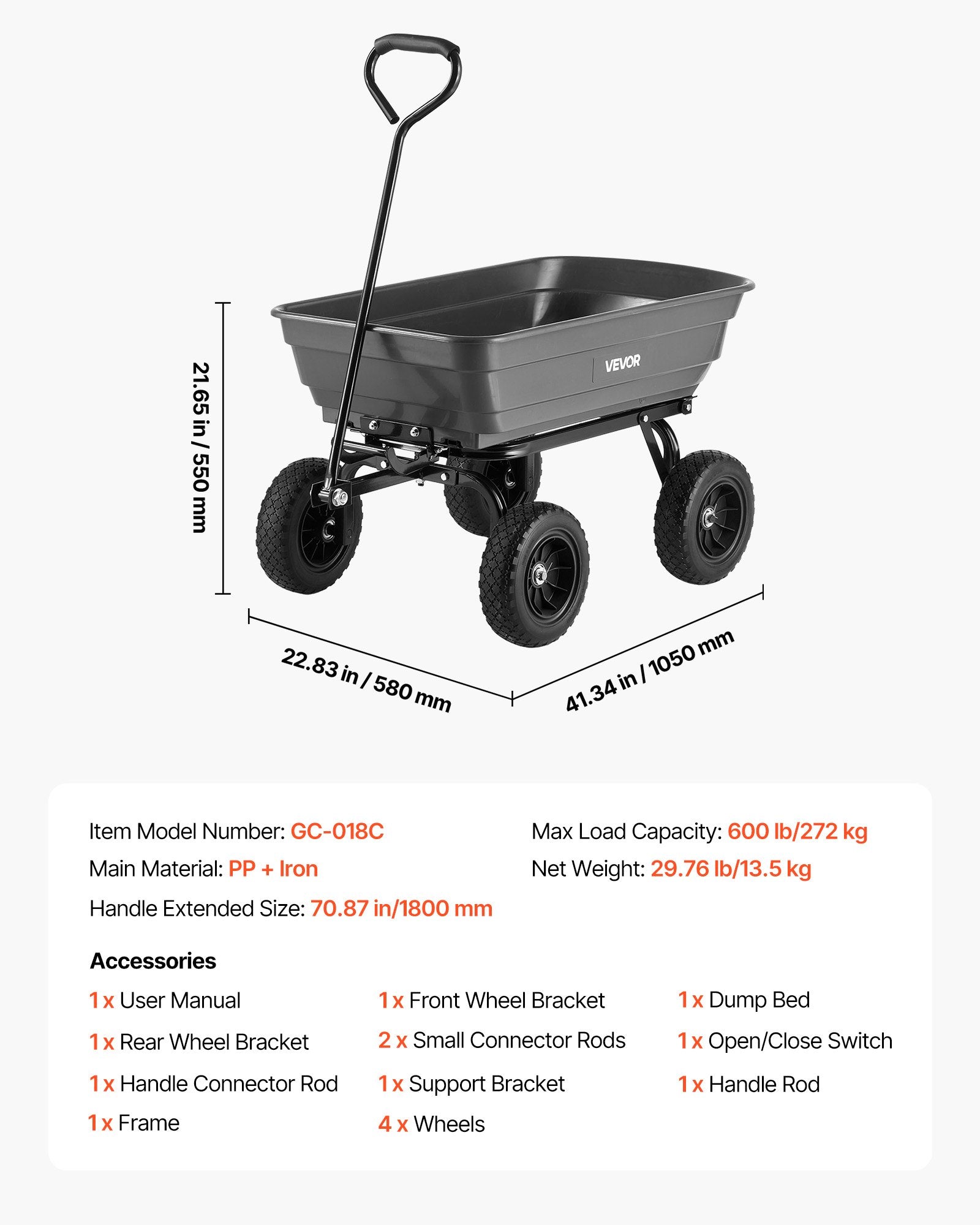 Sodo vežimėlis-savisvartis VEVOR GC-018C, 272 kg