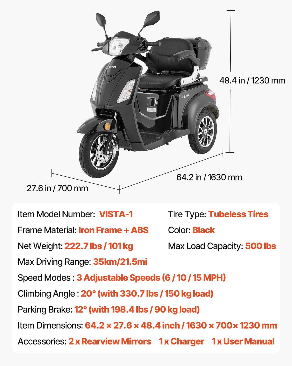 Elektrinis triratis motoroleris neįgaliesiems ir senjorams VEVOR VISTA-1, 1000W