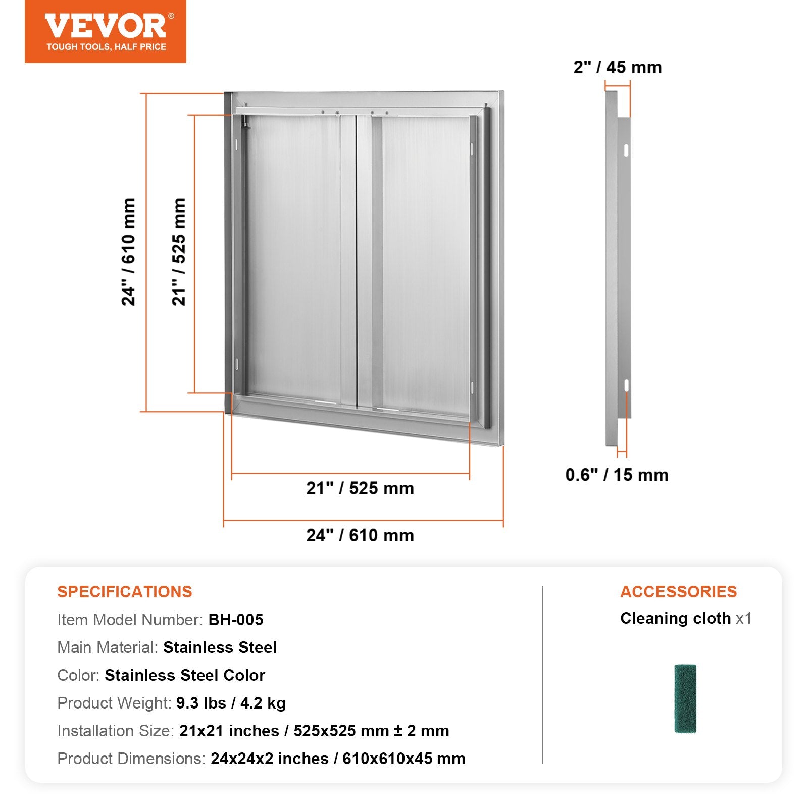 Lauko virtuvės durelės VEVOR BH-005, 610x610 mm