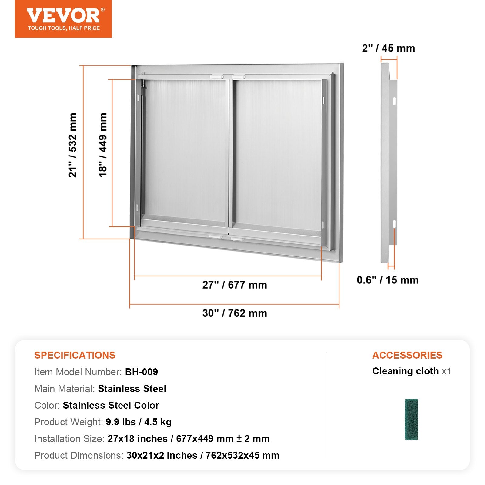 Lauko virtuvės durelės VEVOR BH-009, 762x532 mm