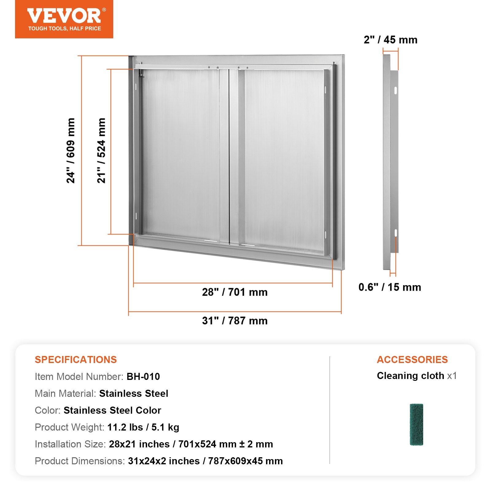 Lauko virtuvės durelės VEVOR BH-010, 787x609 mm