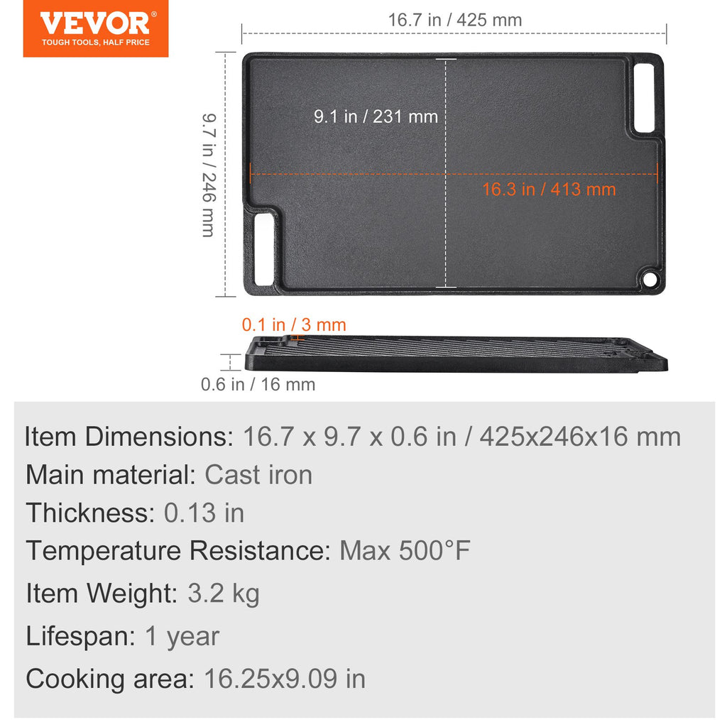 Dvipusė ketaus kepimo plokštė VEVOR GP46x26, 42,5 x 24,6 cm