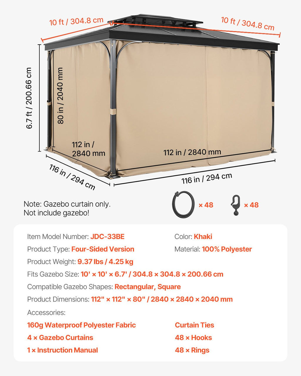 Pavėsinės užuolaidos VEVOR JDC-33BE, 3x3 m