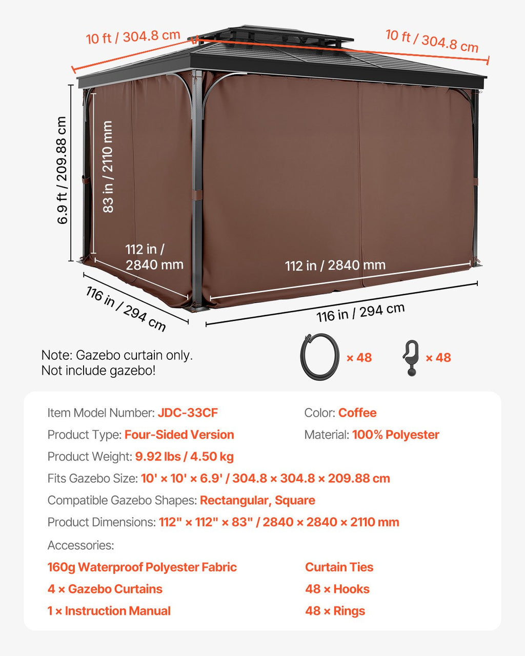 Pavėsinės užuolaidos VEVOR JDC-33CF, 3x3 m