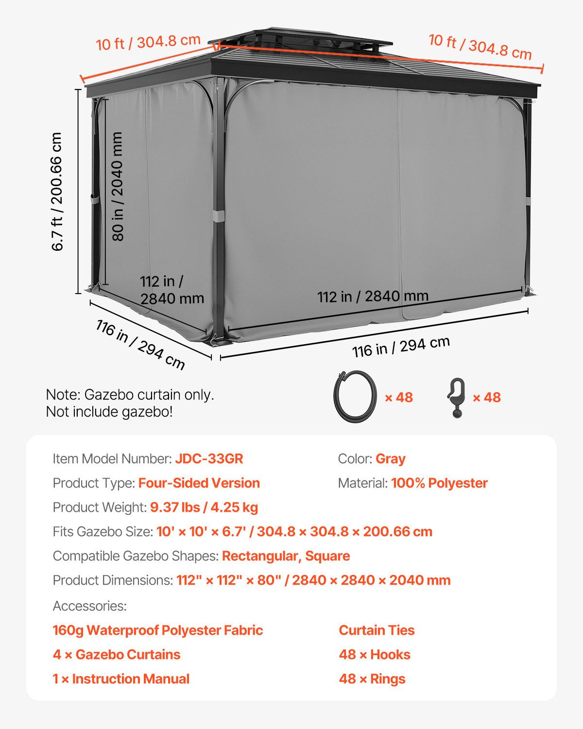 Pavėsinės užuolaidos VEVOR JDC-33GR, 3 x 3 m